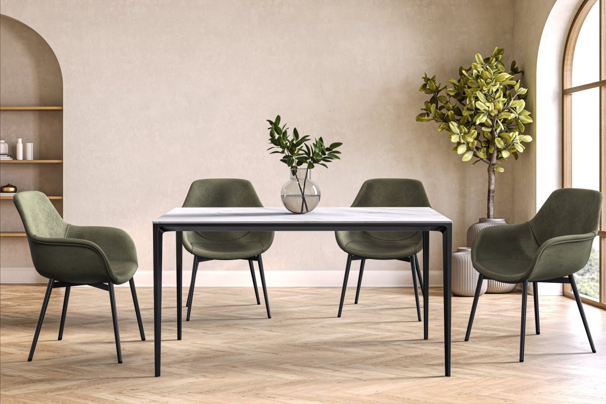 Leisuremod Dining Table Avo Rectangular Dining Table with Sintered Stone/Glass Tabletop in Black Aluminum Base