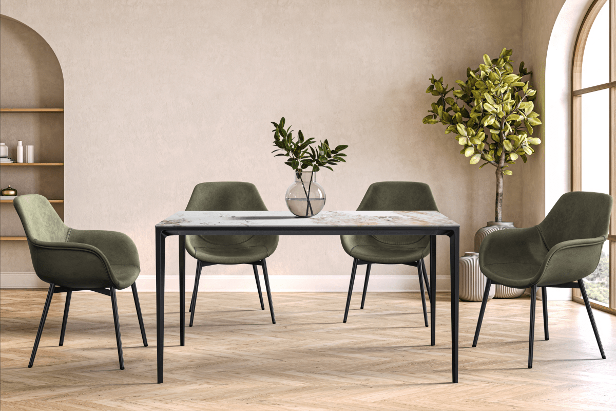 Leisuremod Dining Table Avo Rectangular Dining Table with Sintered Stone/Glass Tabletop in Black Aluminum Base