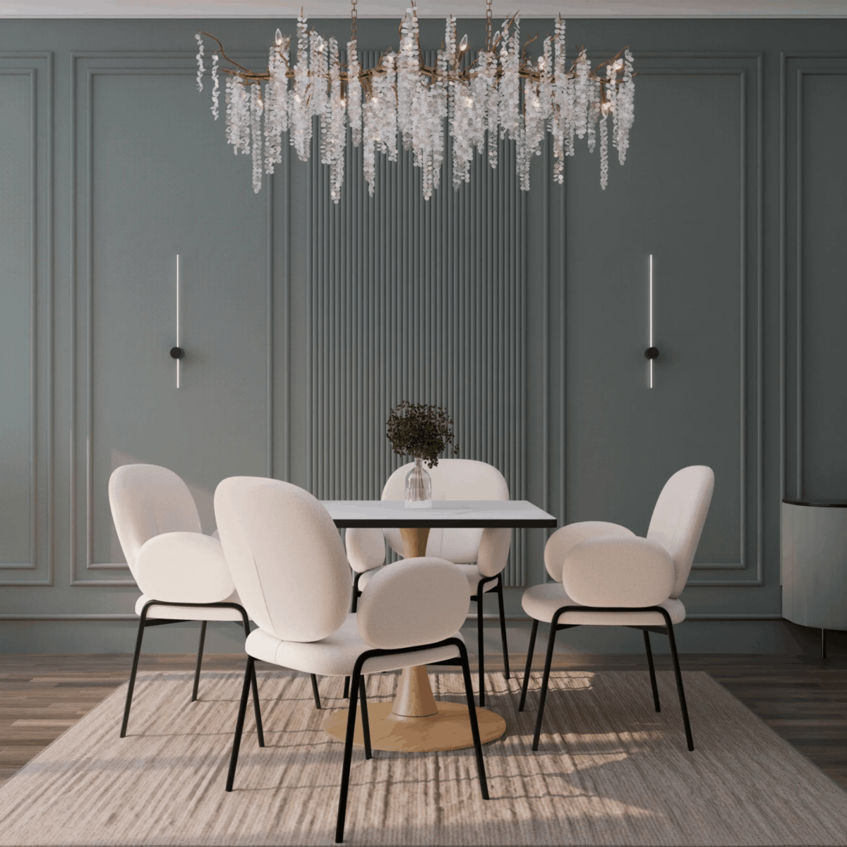 Leisuremod Dining Table Bristol 27" Square Dining Table with Marbled White MDF Top and Steel Pedestal Base