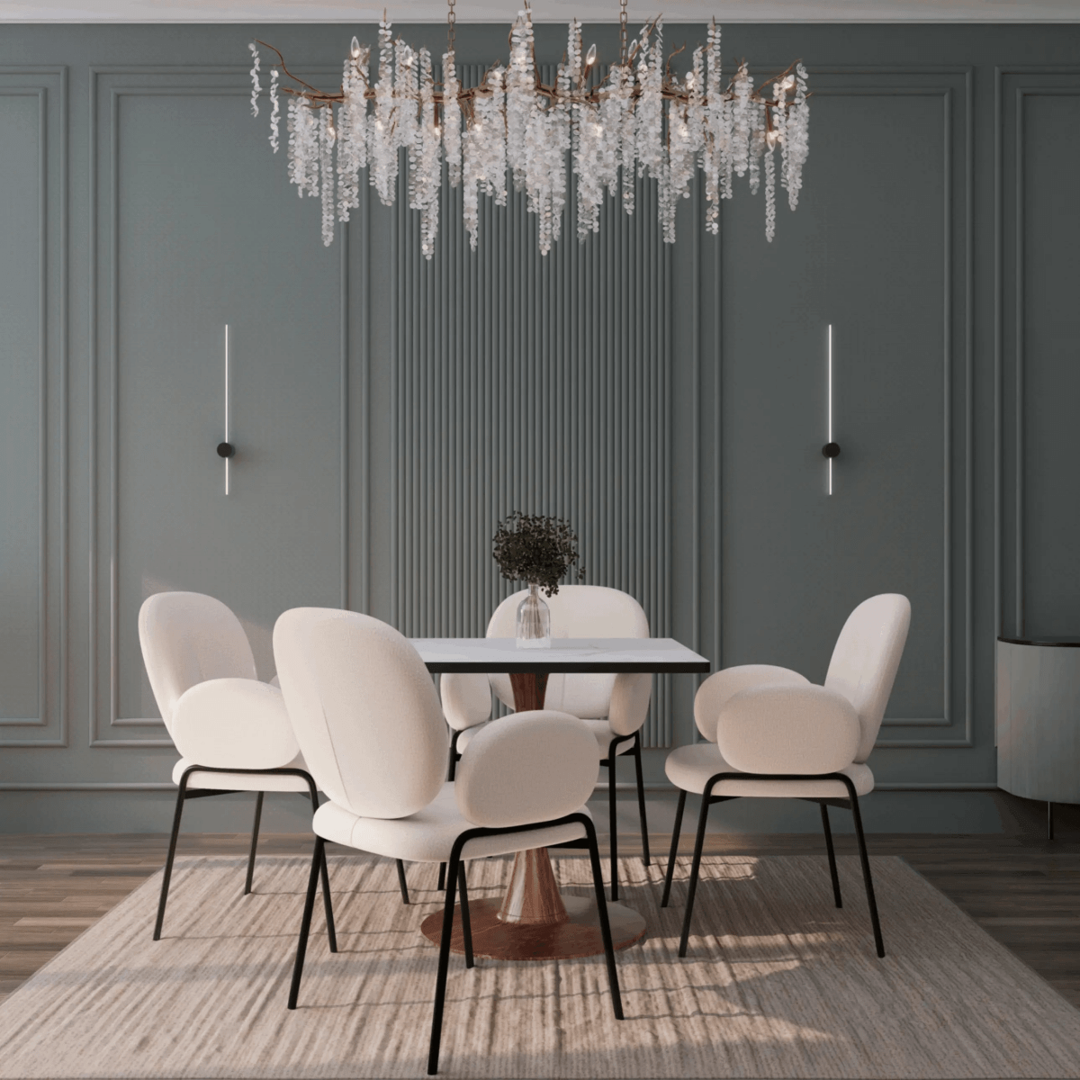 Leisuremod Dining Table Bristol 27" Square Dining Table with Marbled White MDF Top and Steel Pedestal Base