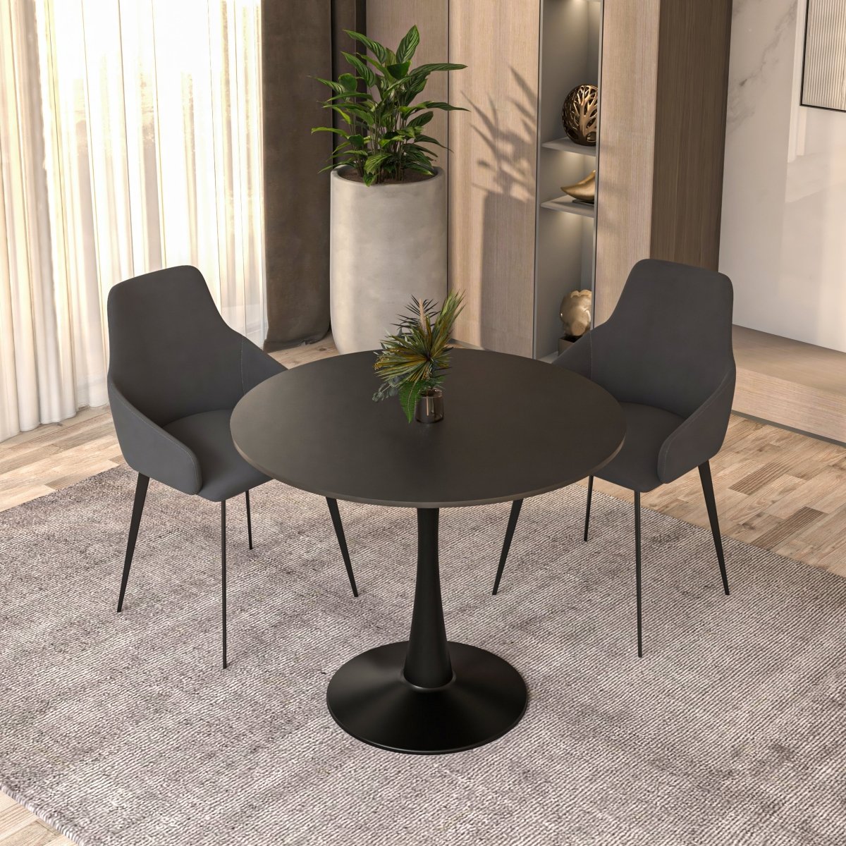 Bristol Round Dining Table with MDF/Sintered Stone/Glass Tabletop in Black Steel Base MDF 31 Inches Black Dining Table Leisuremod
