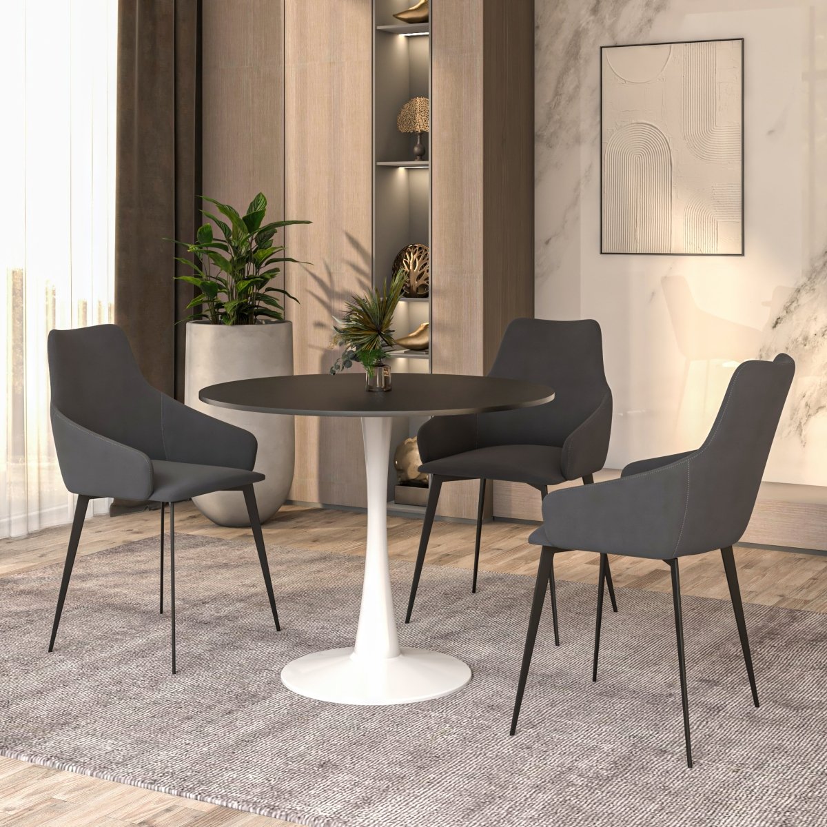 Bristol Round Dining Table with MDF/Sintered Stone/Glass Wood Tabletop in White Steel MDF 27 Inches White Dining Table Leisuremod