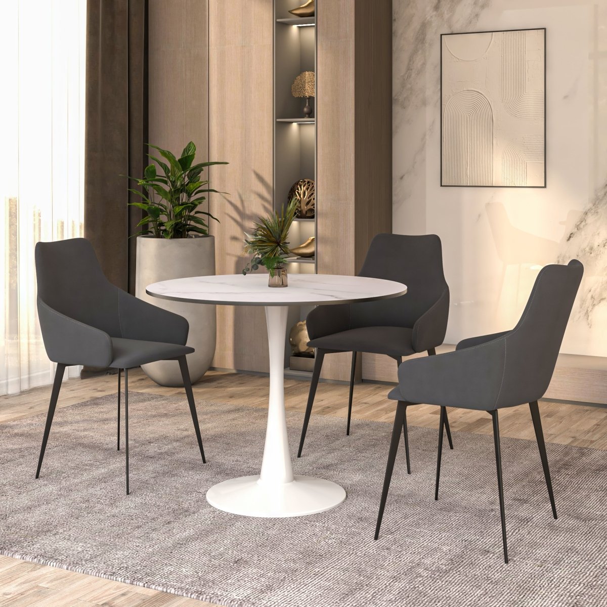 Bristol Round Dining Table with MDF/Sintered Stone/Glass Wood Tabletop in White Steel MDF 31 Inches Marbled White Dining Table Leisuremod