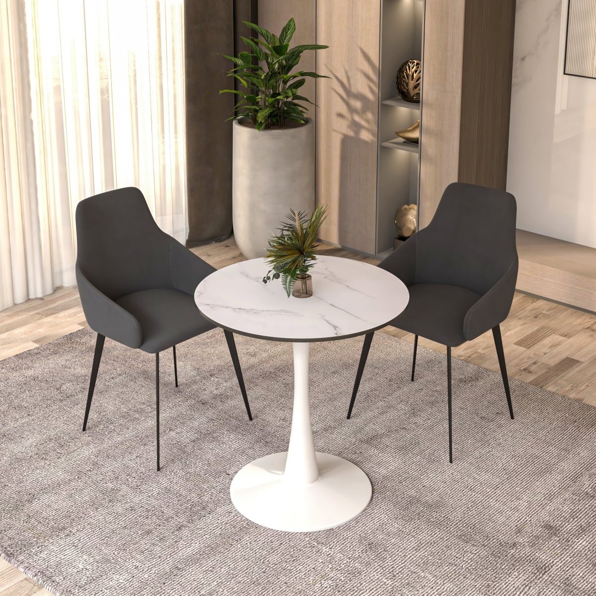 Leisuremod Dining Table Bristol Round Dining Table with MDF/Sintered Stone/Glass Wood Tabletop in White Steel
