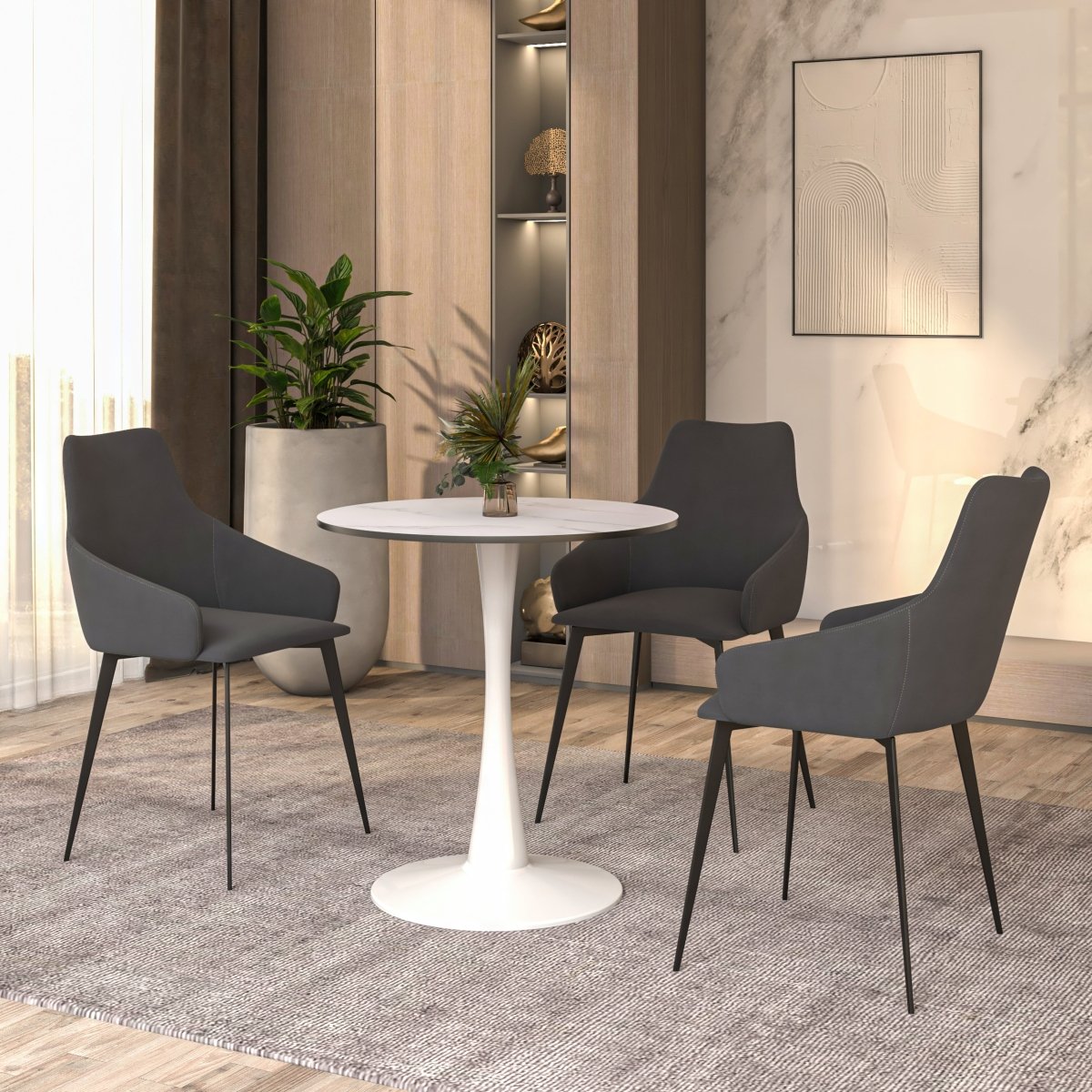 Leisuremod Dining Table Bristol Round Dining Table with MDF/Sintered Stone/Glass Wood Tabletop in White Steel