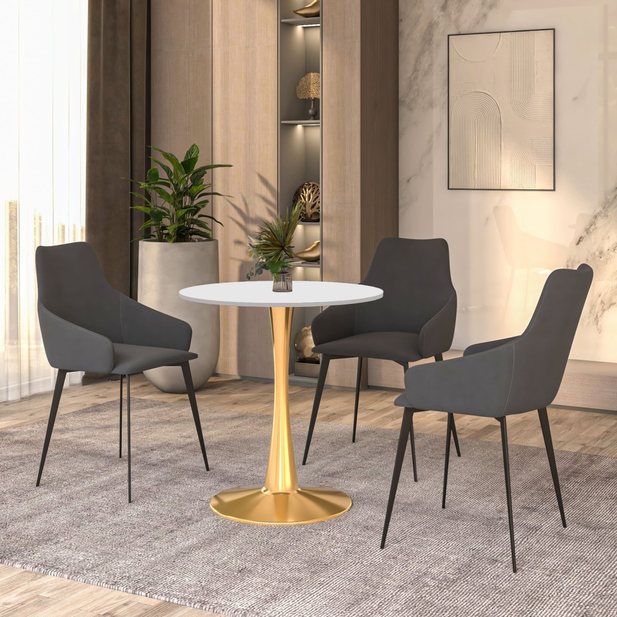 Leisuremod Dining Table Bristol Round Dining Table with MDF/Sintered Stone Tabletop in Gold Steel
