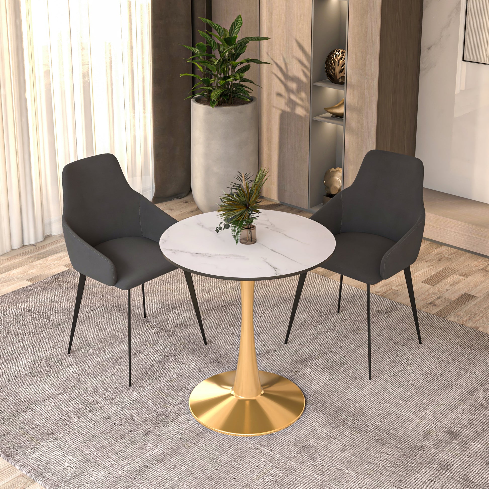 Leisuremod Dining Table Bristol Round Dining Table with MDF/Sintered Stone Tabletop in Gold Steel