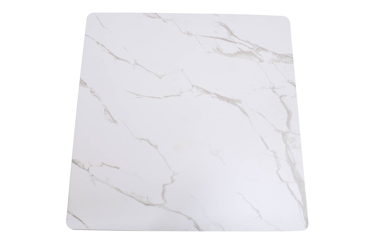 LeisureMod Dining Table Bristol Square Dining Table with Marble White MDF Top and Steel Pedestal Base