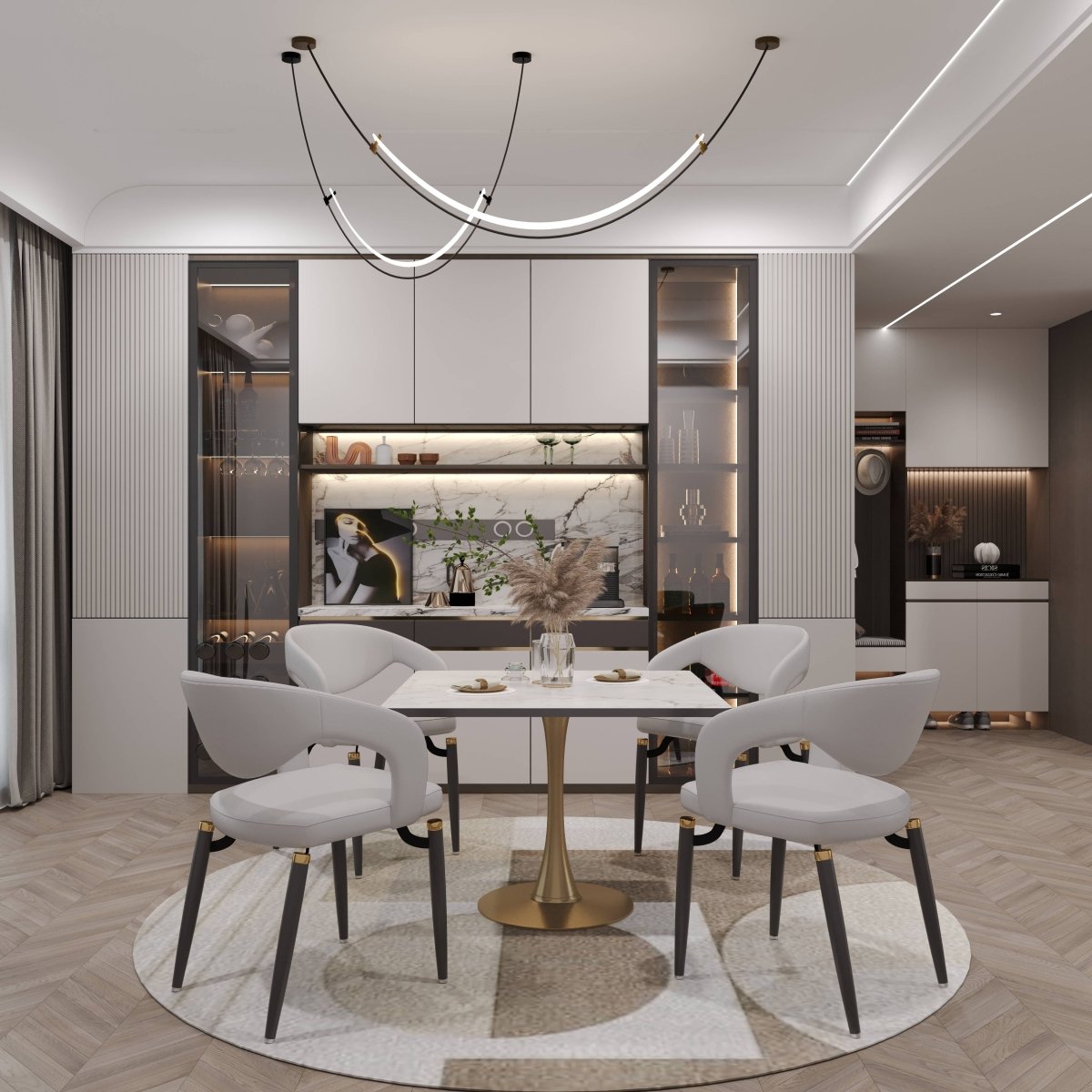 LeisureMod Dining Table Bristol Square Dining Table with Marble White MDF Top and Steel Pedestal Base