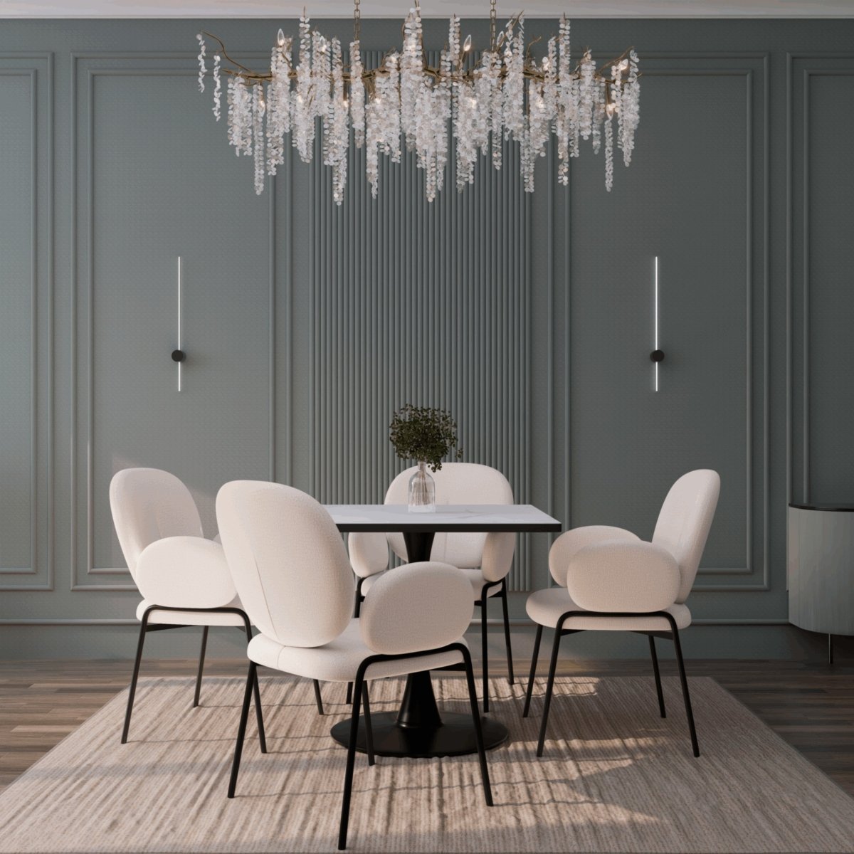 LeisureMod Dining Table Bristol Square Dining Table with Marble White MDF Top and Steel Pedestal Base