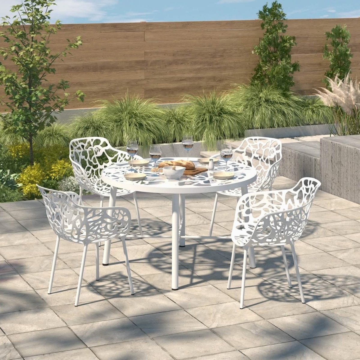 Devon Tree Design Glass Top Aluminum Base Indoor Outdoor 47.25" Dining Table White Dining Table Leisuremod