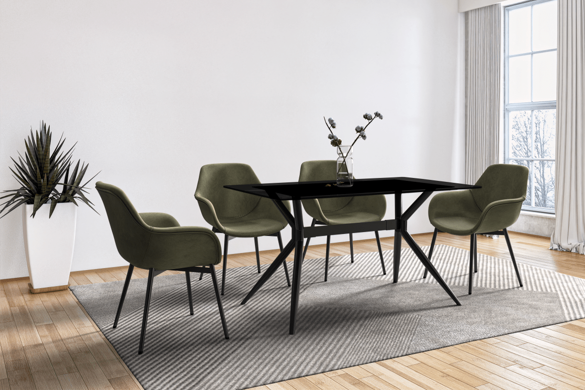 Elega Rectangular Dining Table with Sintered Stone/Glass Rectangular Top and Black Stainless Steel Base Glass 55 Inches Wide Black Dining Table Leisuremod