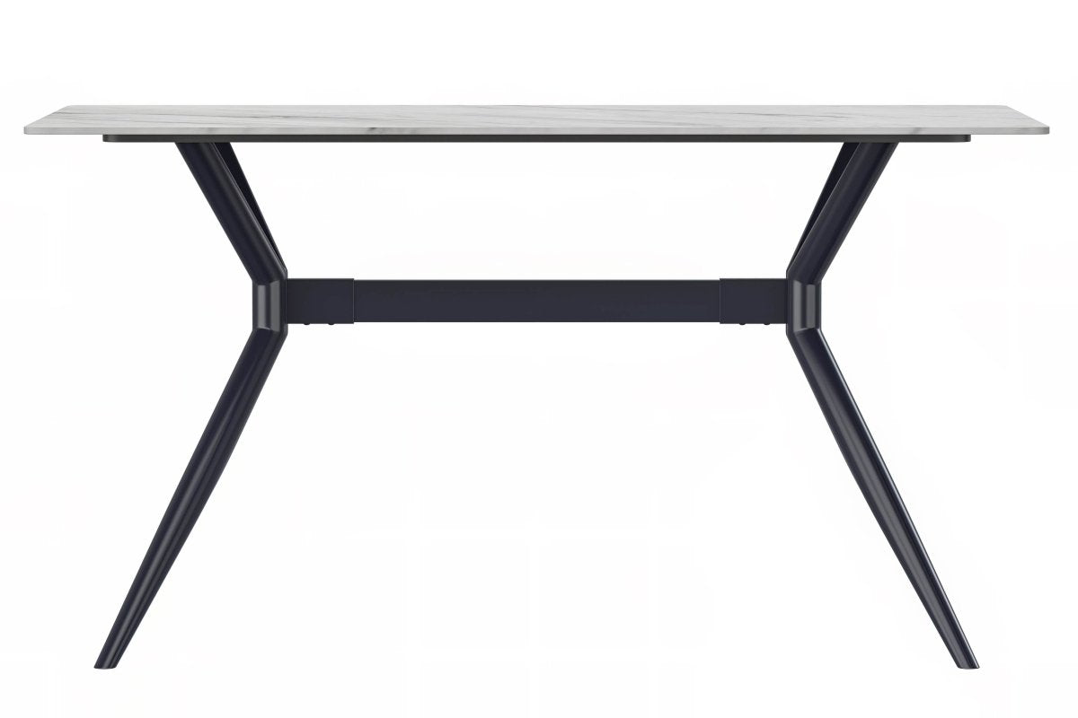 Elega Rectangular Dining Table with Sintered Stone/Glass Rectangular Top and Black Stainless Steel Base Sintered Stone 55 Inches Wide White Dining Table Leisuremod