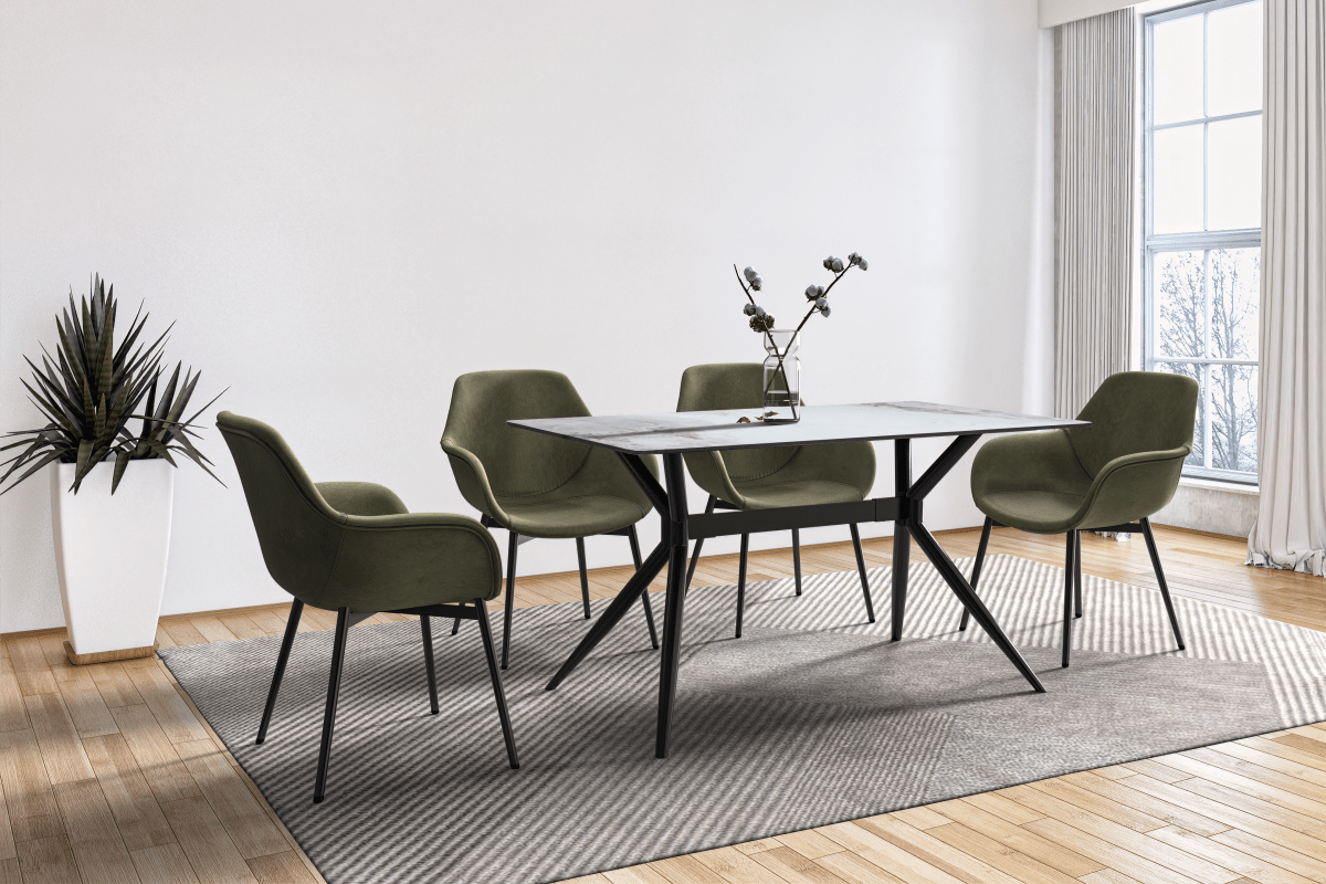 Elega Rectangular Dining Table with Sintered Stone/Glass Rectangular Top and Black Stainless Steel Base Sintered Stone 55 Inches Wide Light Grey Dining Table Leisuremod