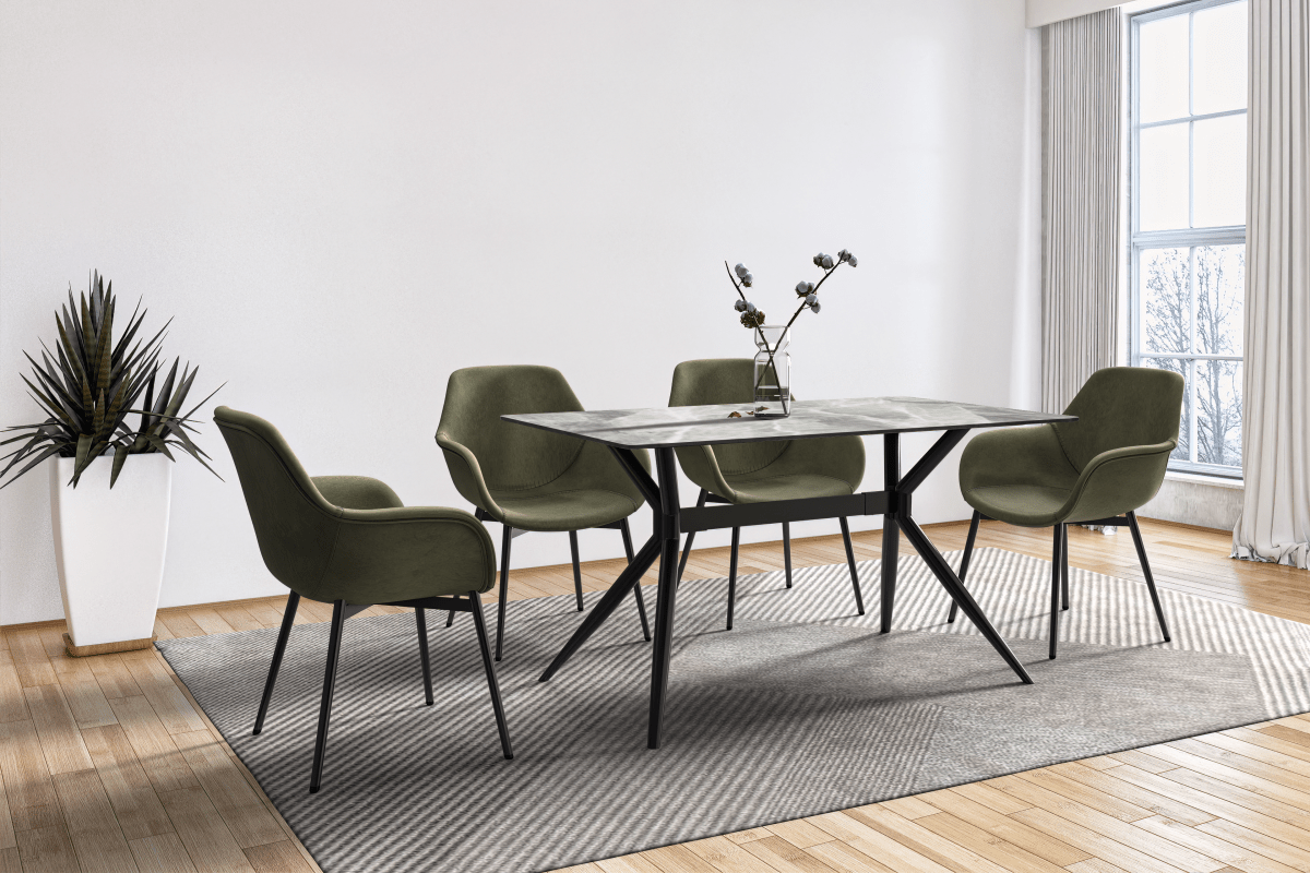 Elega Rectangular Dining Table with Sintered Stone/Glass Rectangular Top and Black Stainless Steel Base Sintered Stone 55 Inches Wide Light Grey Dining Table Leisuremod