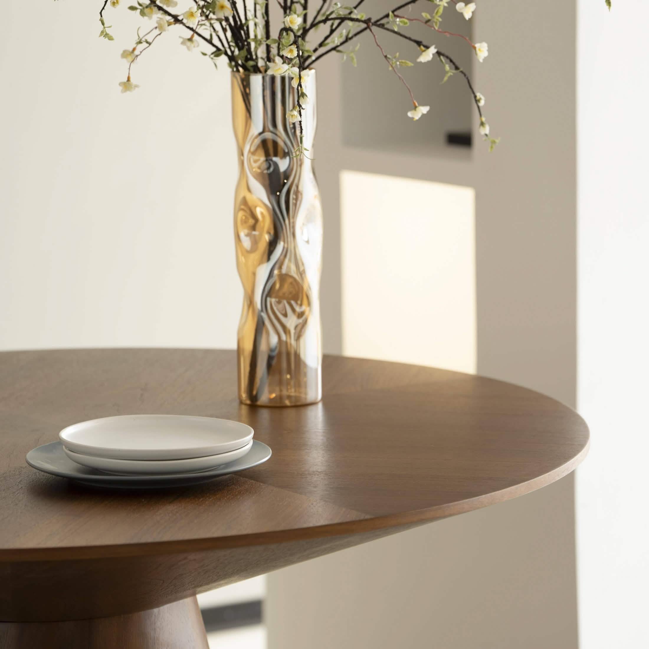 Fynix 47” Round Dining Table with Ash Wood Veneer Top and Pedestal Base Walnut Dining Table Leisuremod