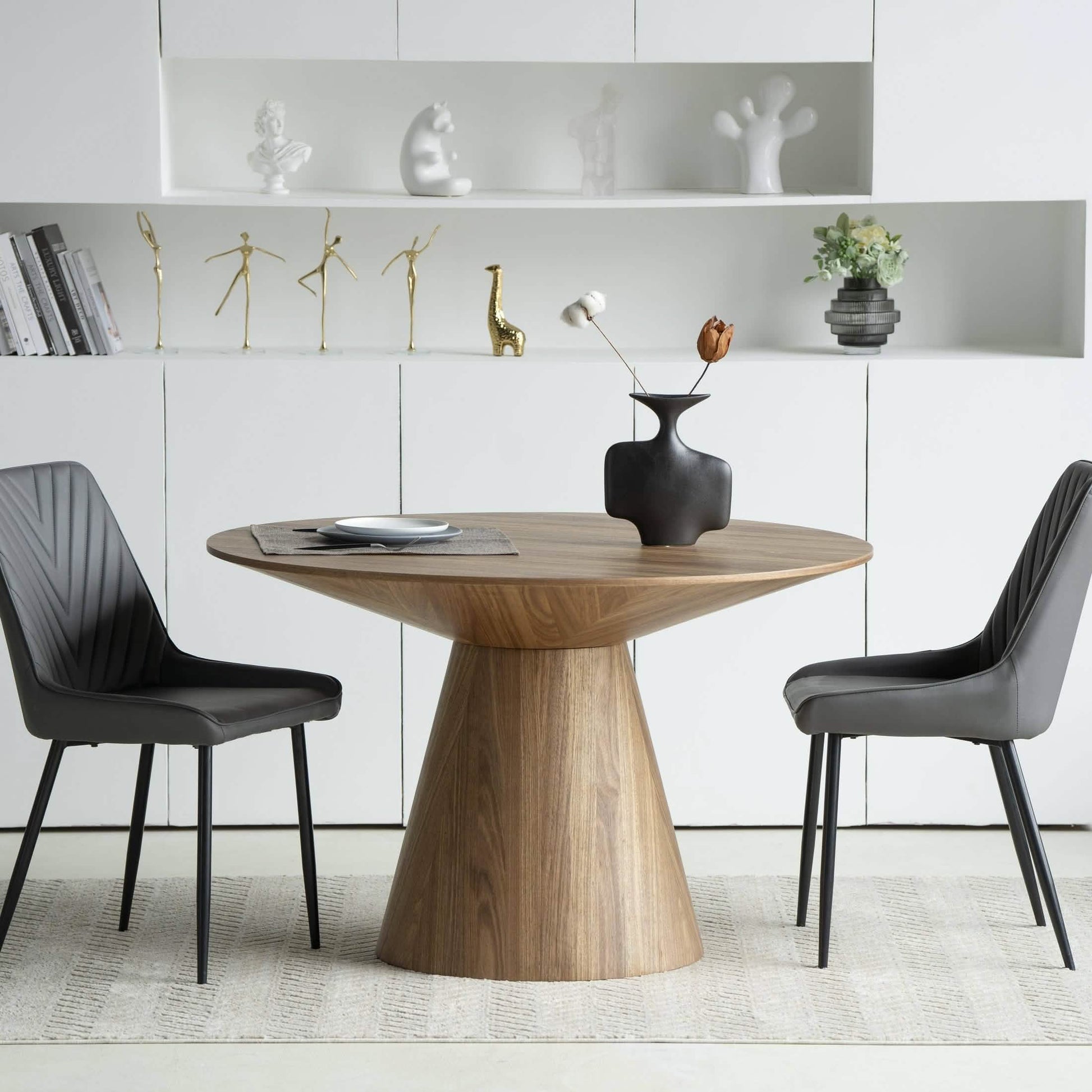 Fynix 47” Round Dining Table with Ash Wood Veneer Top and Pedestal Base Natural Wood Dining Table Leisuremod
