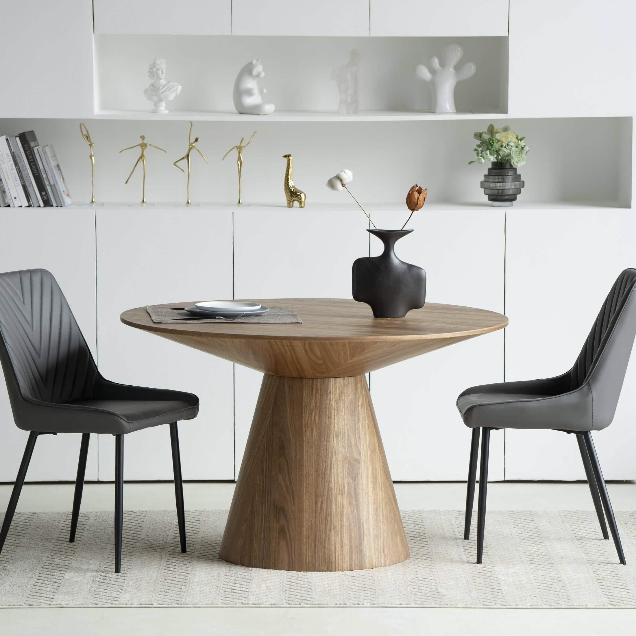 Fynix 47” Round Dining Table with Ash Wood Veneer Top and Pedestal Base Natural Wood Dining Table Leisuremod