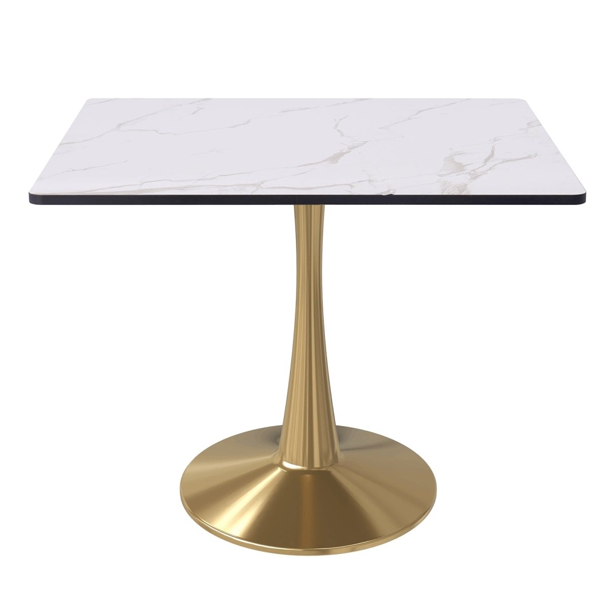 LeisureMod Dining Table Gold / 35" Wide Bristol Square Dining Table with Marble White MDF Top and Steel Pedestal Base