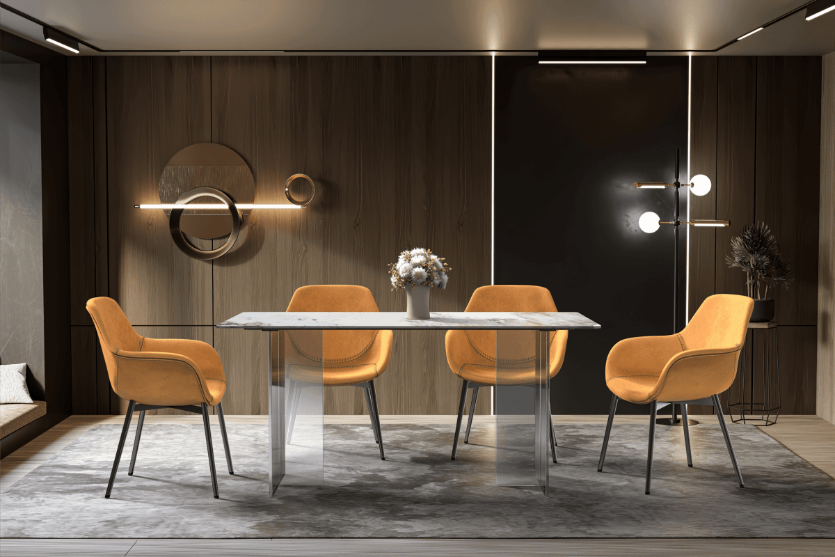 Kova Rectangular Dining Table with Sintered Stone/Glass Top and Acrylic Base Legs Sintered Stone White Grey Dining Table Leisuremod