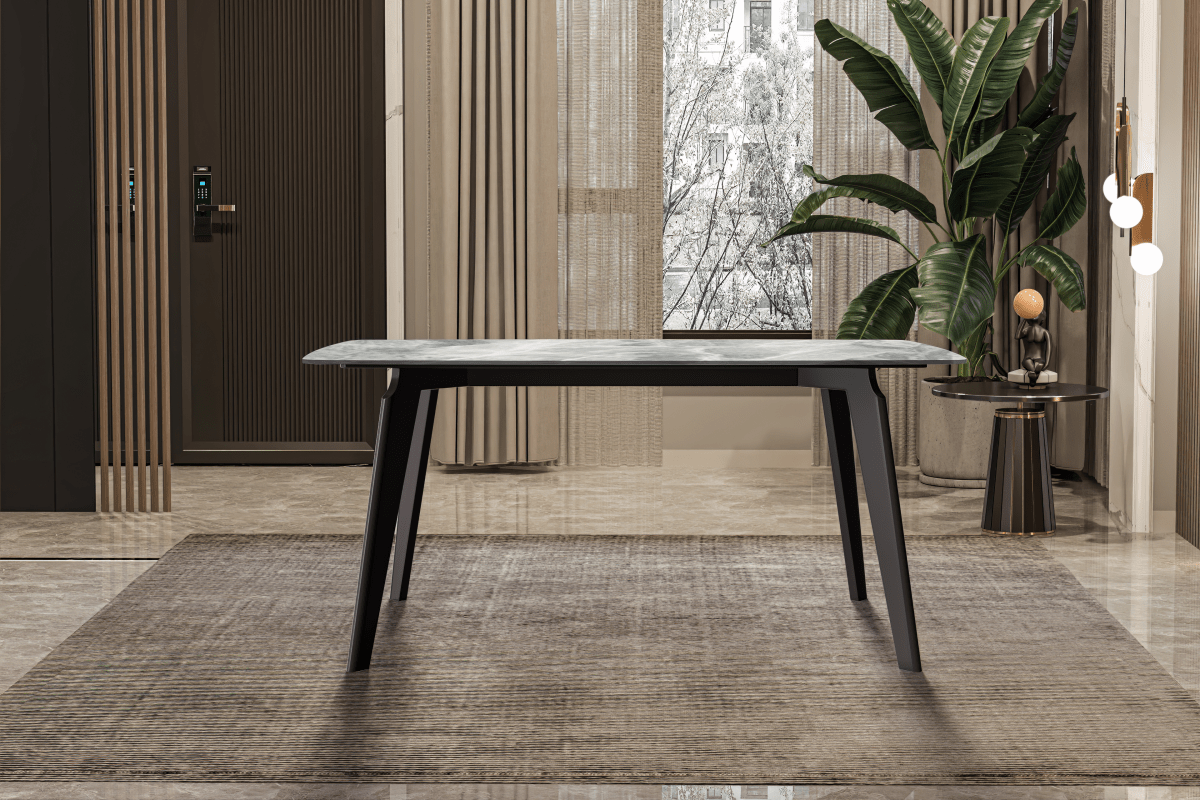 Leisuremod Dining Table Krevor Modern Dining Table with Rectangular Stone/Glass Wide Tabletop with Black Steel Legs