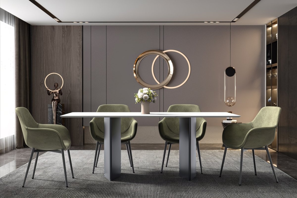 Leisuremod Dining Table Lior Dining Table Rectangular Glass/Sintered Stone Tabletop and Black Steel Legs