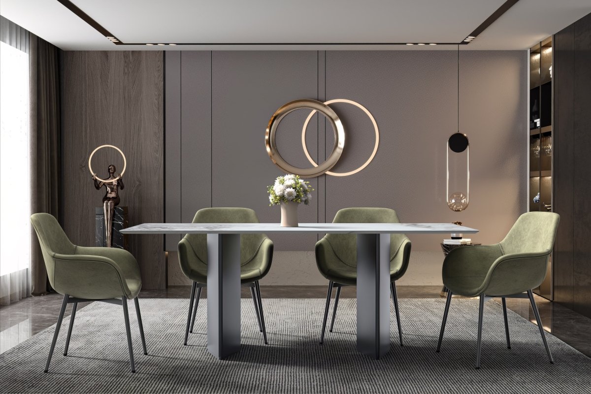 Leisuremod Dining Table Lior Dining Table Rectangular Glass/Sintered Stone Tabletop and Black Steel Legs