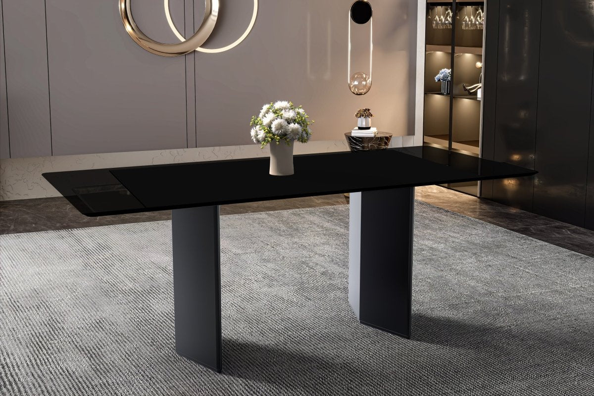 Leisuremod Dining Table Lior Dining Table Rectangular Glass/Sintered Stone Tabletop and Black Steel Legs