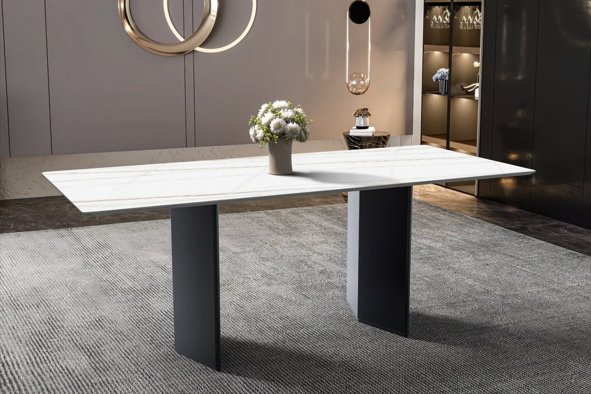 Leisuremod Dining Table Lior Dining Table Rectangular Glass/Sintered Stone Tabletop and Black Steel Legs