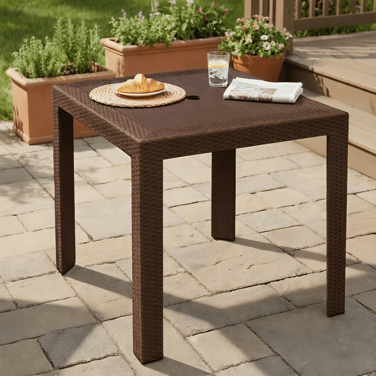 Mace Weave Design Square/Rectangular Dining Table in Polypropylene Plastic 31" Wide Brown Dining Table Leisuremod