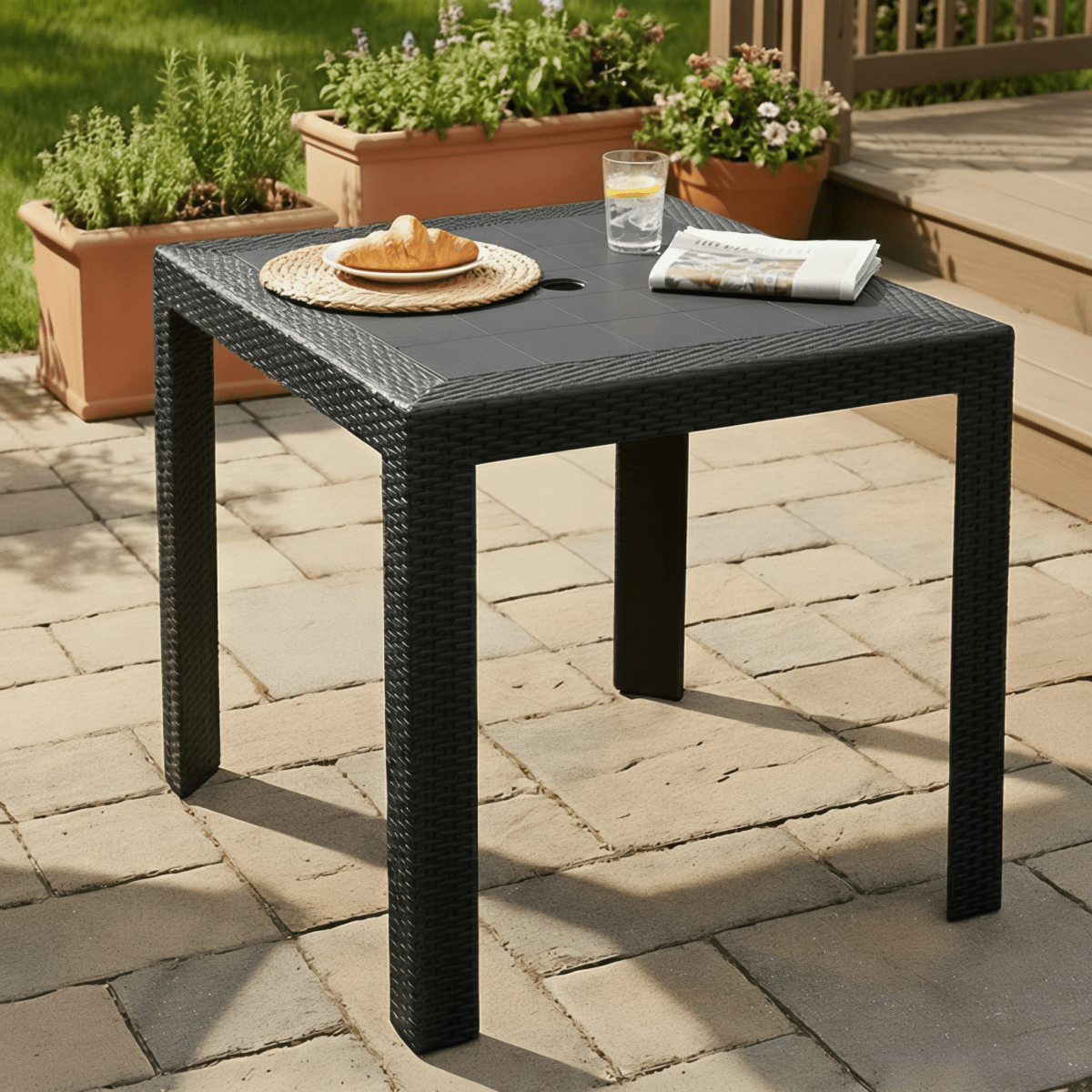 Mace Weave Design Square/Rectangular Dining Table in Polypropylene Plastic 31" Wide Black Dining Table Leisuremod
