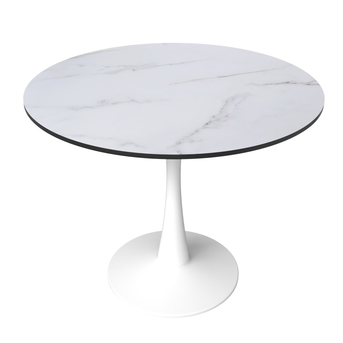 Bristol Round Dining Table with MDF/Sintered Stone/Glass Wood Tabletop in White Steel MDF 31 Inches Marbled White Dining Table Leisuremod