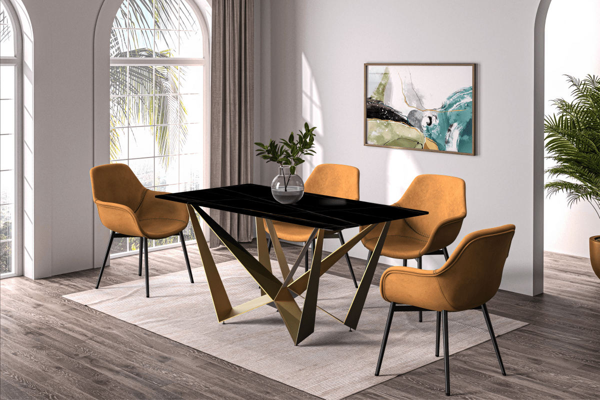 Nuvor Dining Table with Rectangular Sintered Stone/Glass Tabletop and Gold Steel Legs Sintered Stone 55 Inches Wide Black and Gold Dining Table Leisuremod