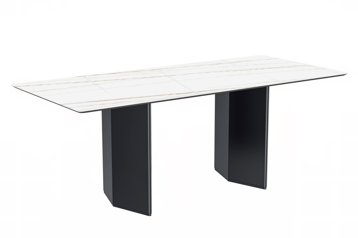 Leisuremod Dining Table Sintered Stone / 71 Inches Wide / White Gold Lior Dining Table Rectangular Glass/Sintered Stone Tabletop and Black Steel Legs