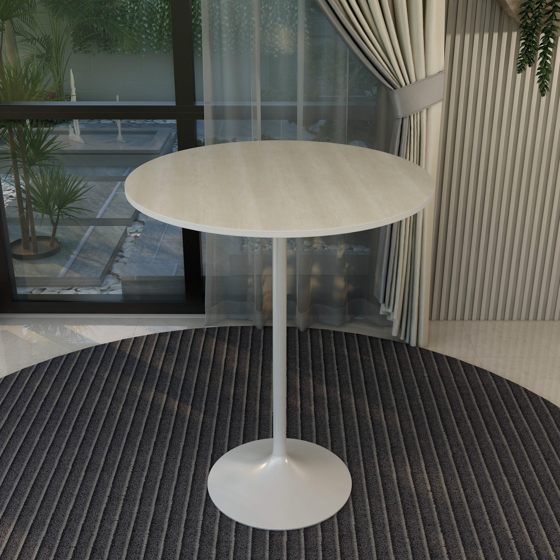 Verve Bar Height Dining Table with Round MDF/Sintered Stone/Resin Top and White Stainless Steel Pedestal Base MDF 36 Inches Wide Light Natural Wood Dining Table Leisuremod