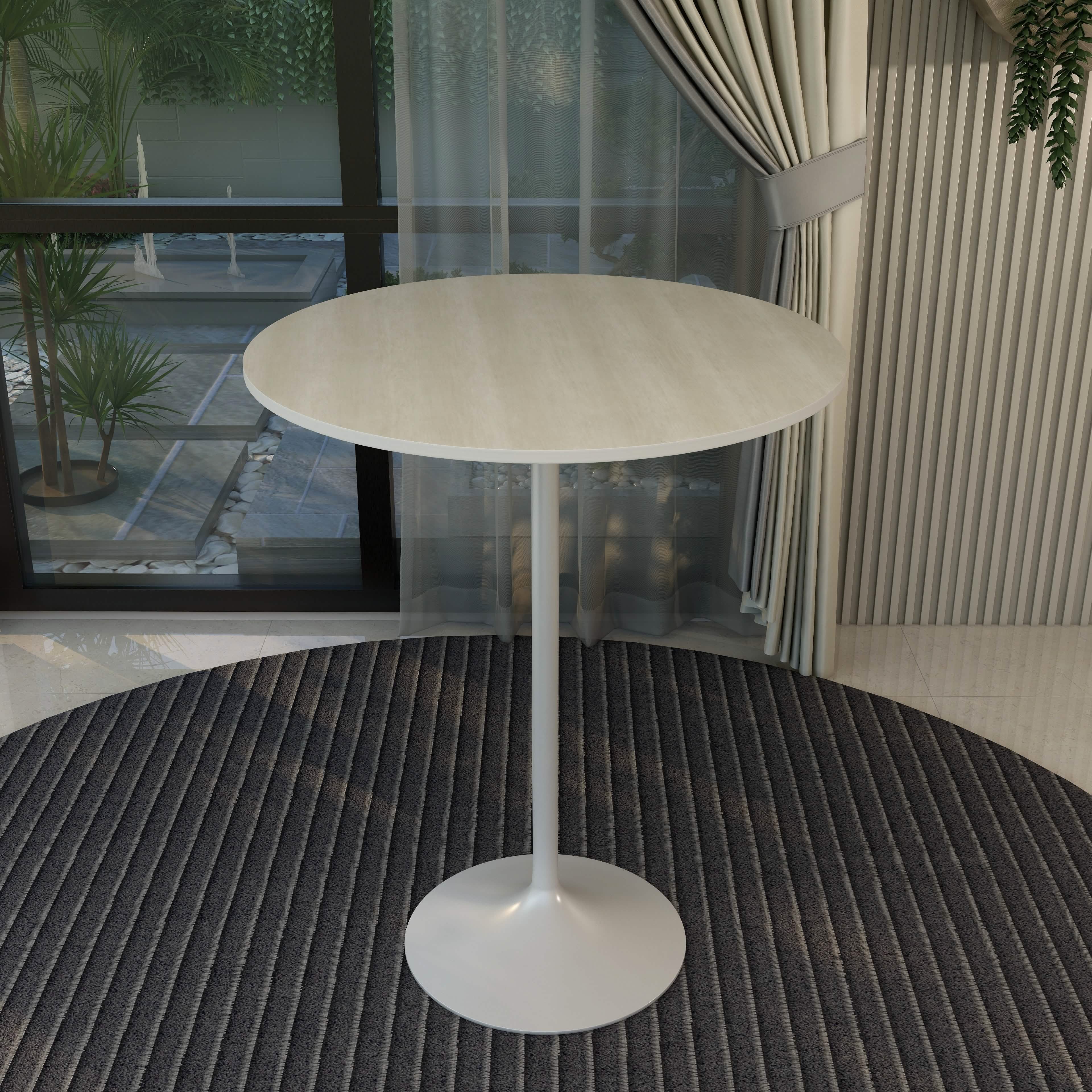 Verve Bar Height Dining Table with Round MDF/Sintered Stone/Resin Top and White Stainless Steel Pedestal Base MDF 36 Inches Wide Light Natural Wood Dining Table Leisuremod