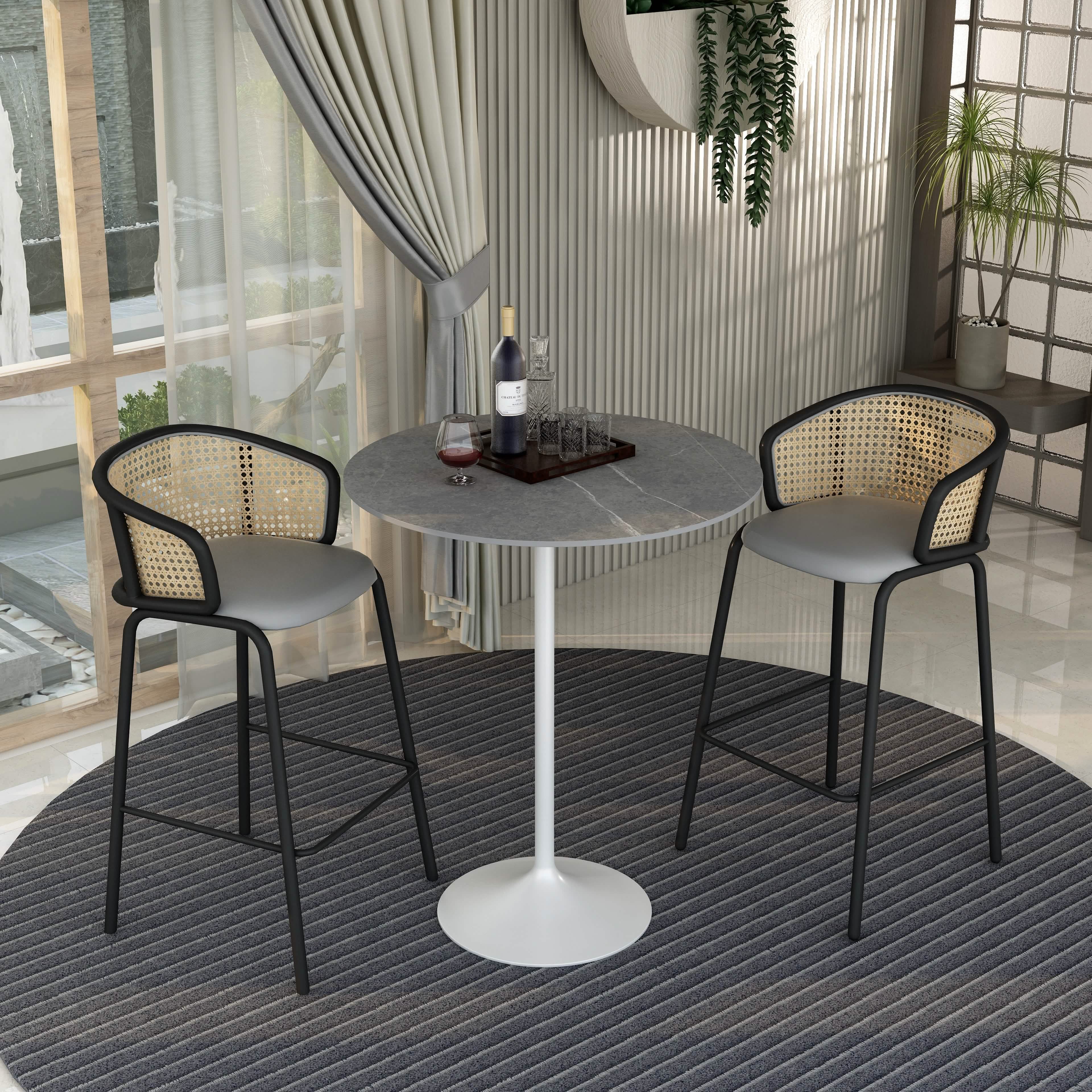 Verve Bar Height Dining Table with Round MDF/Sintered Stone/Resin Top and White Stainless Steel Pedestal Base Sintered Stone 36 Inches Wide Marble Grey Dining Table Leisuremod