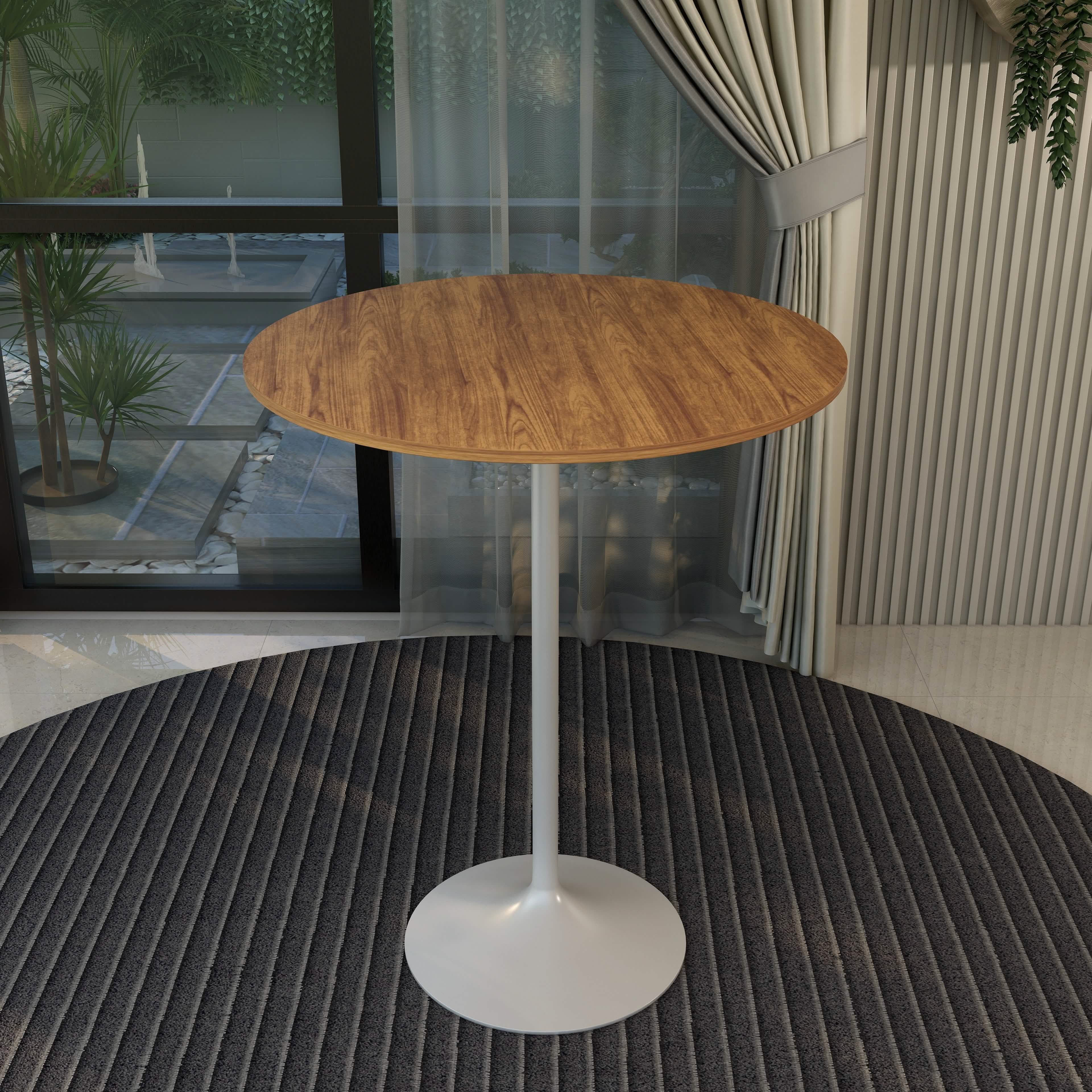 Verve Bar Height Dining Table with Round MDF/Sintered Stone/Resin Top and White Stainless Steel Pedestal Base MDF 36 Inches Wide Cognac Brown Dining Table Leisuremod