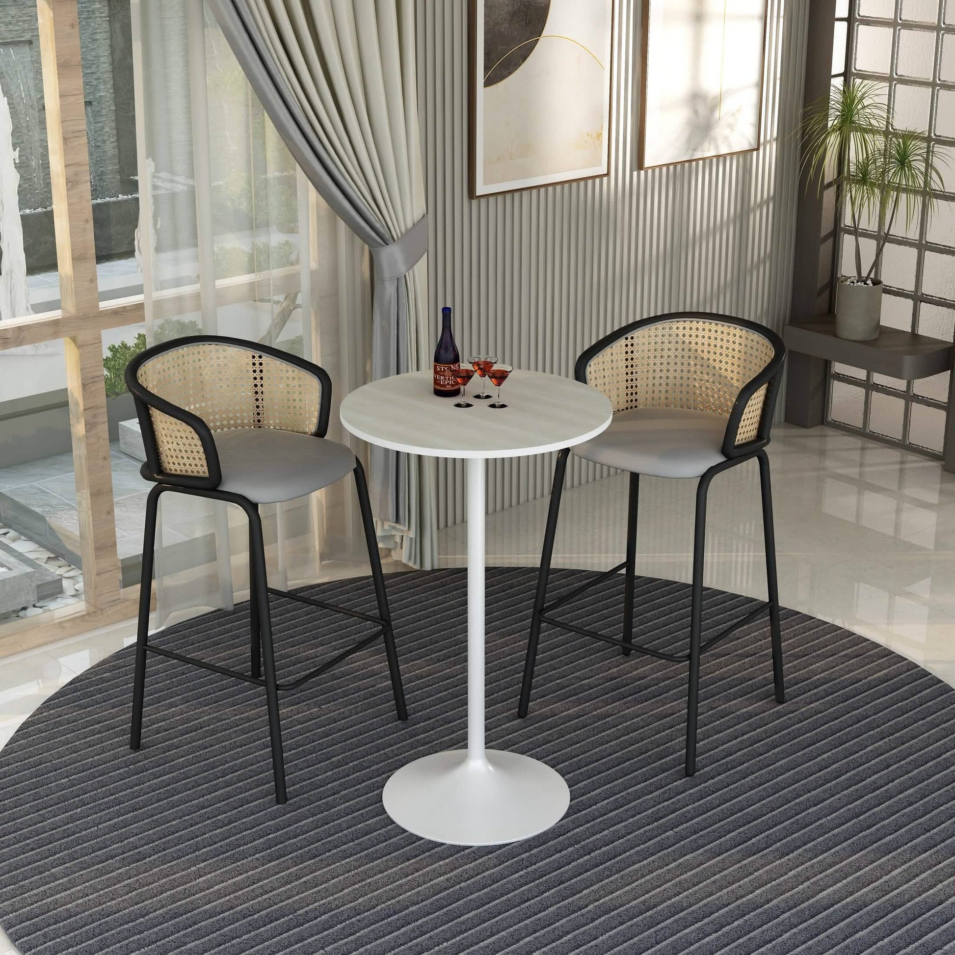 Verve Bar Height Dining Table with Round MDF/Sintered Stone/Resin Top and White Stainless Steel Pedestal Base MDF 27 Inches Wide Light Natural Wood Dining Table Leisuremod