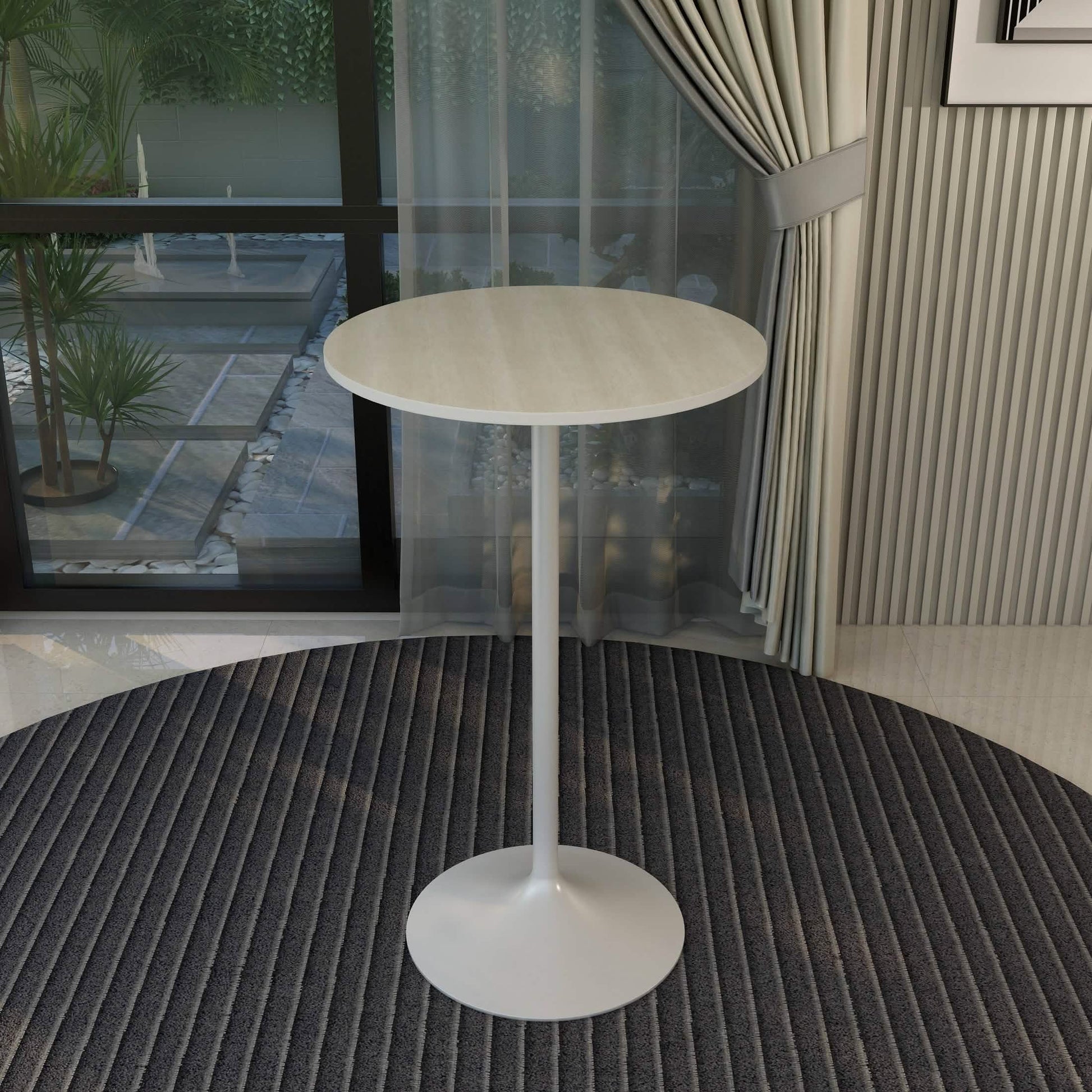 Verve Bar Height Dining Table with Round MDF/Sintered Stone/Resin Top and White Stainless Steel Pedestal Base MDF 27 Inches Wide Light Natural Wood Dining Table Leisuremod