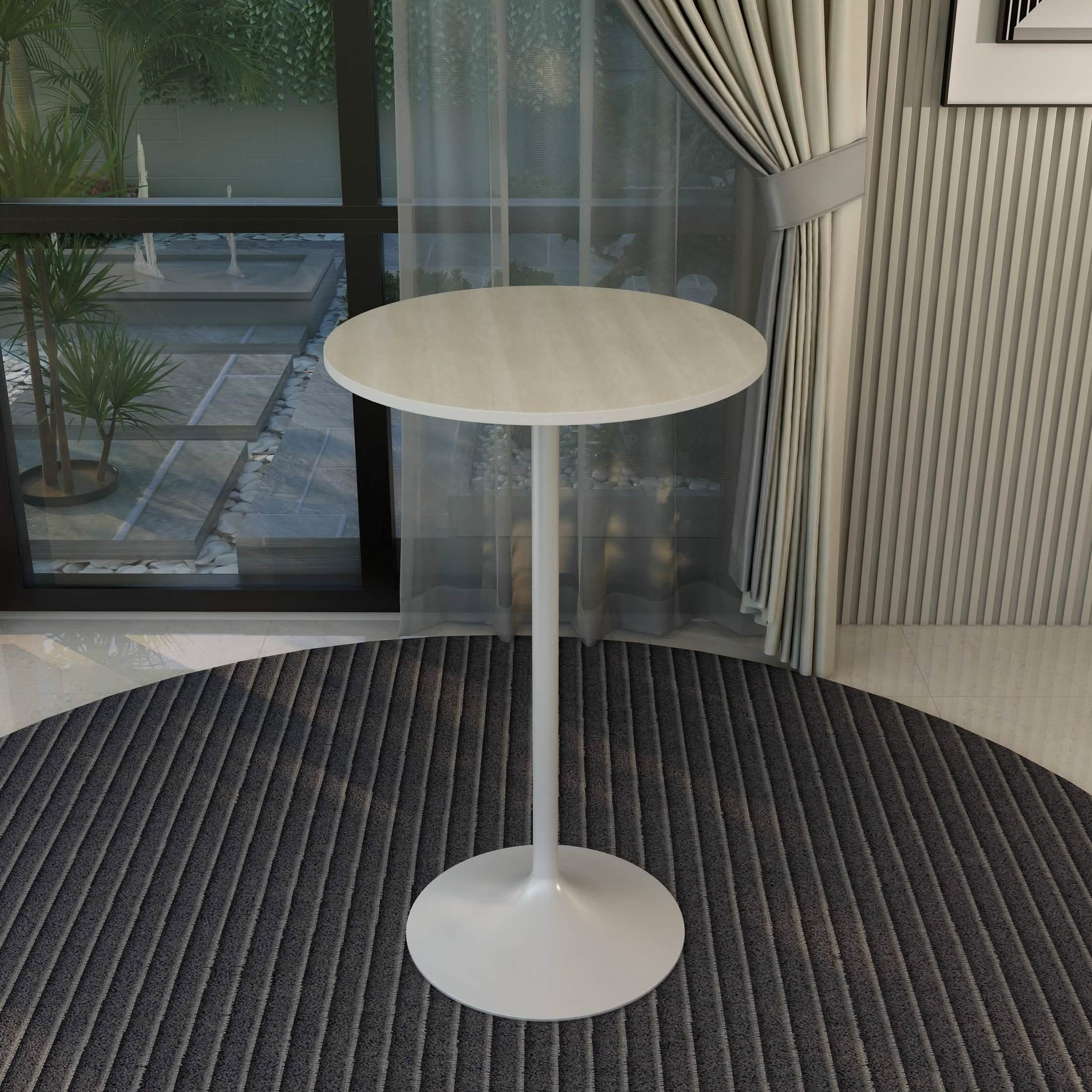 Verve Bar Height Dining Table with Round MDF/Sintered Stone/Resin Top and White Stainless Steel Pedestal Base MDF 27 Inches Wide Light Natural Wood Dining Table Leisuremod