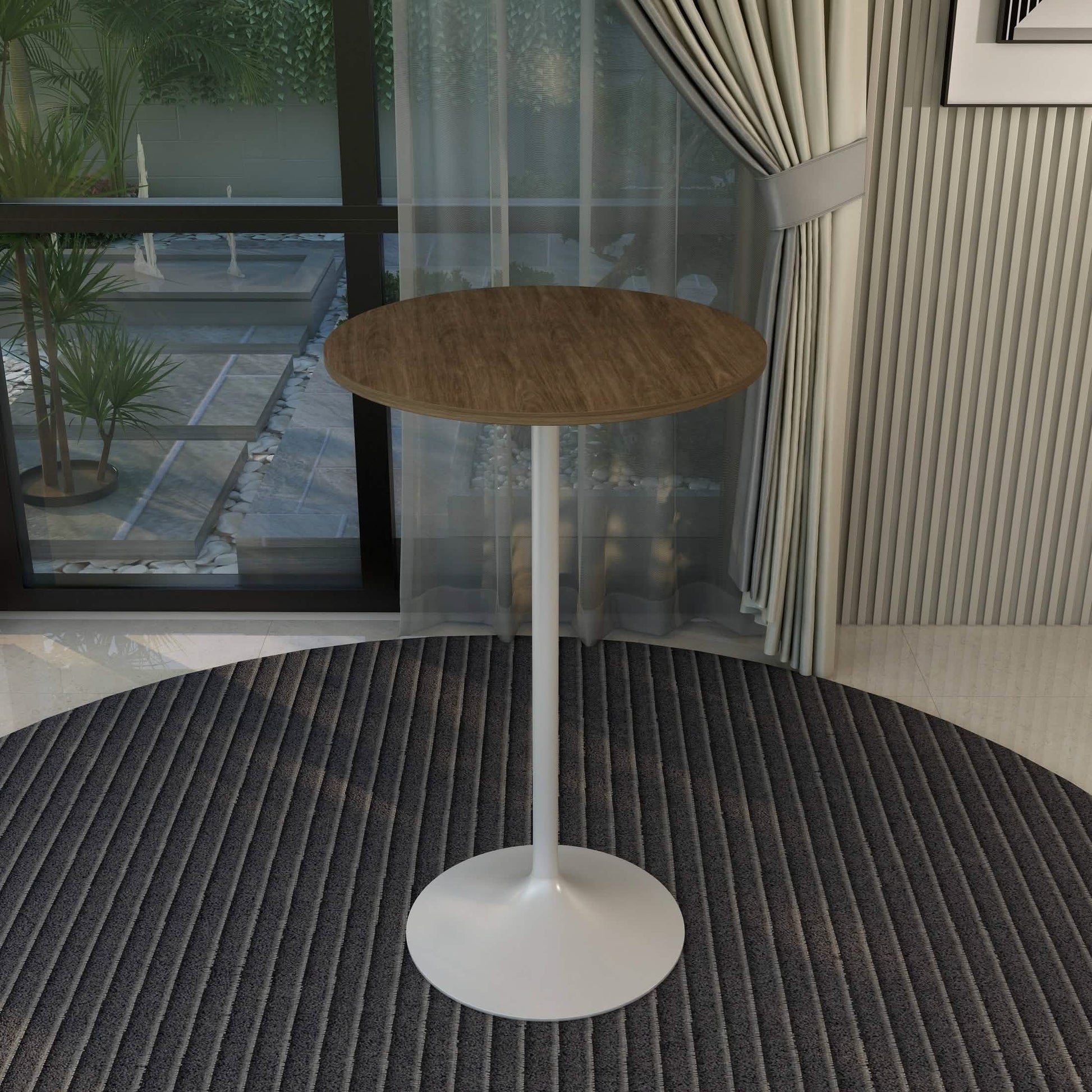 Verve Bar Height Dining Table with Round MDF/Sintered Stone/Resin Top and White Stainless Steel Pedestal Base MDF 27 Inches Wide Dark Walnut Dining Table Leisuremod