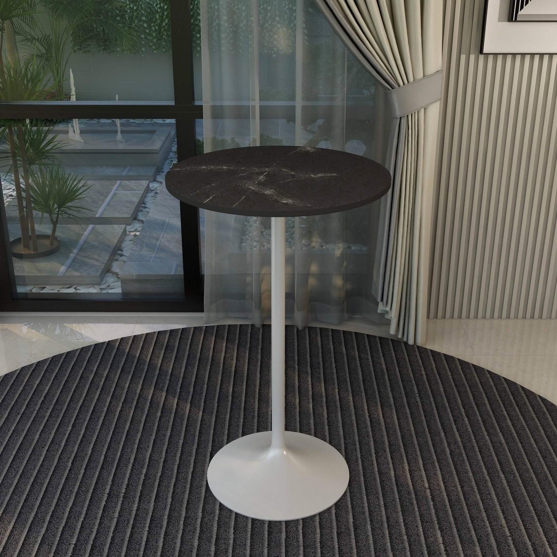 Verve Bar Height Dining Table with Round MDF/Sintered Stone/Resin Top and White Stainless Steel Pedestal Base MDF 27 Inches Wide Black Marbleized Dining Table Leisuremod