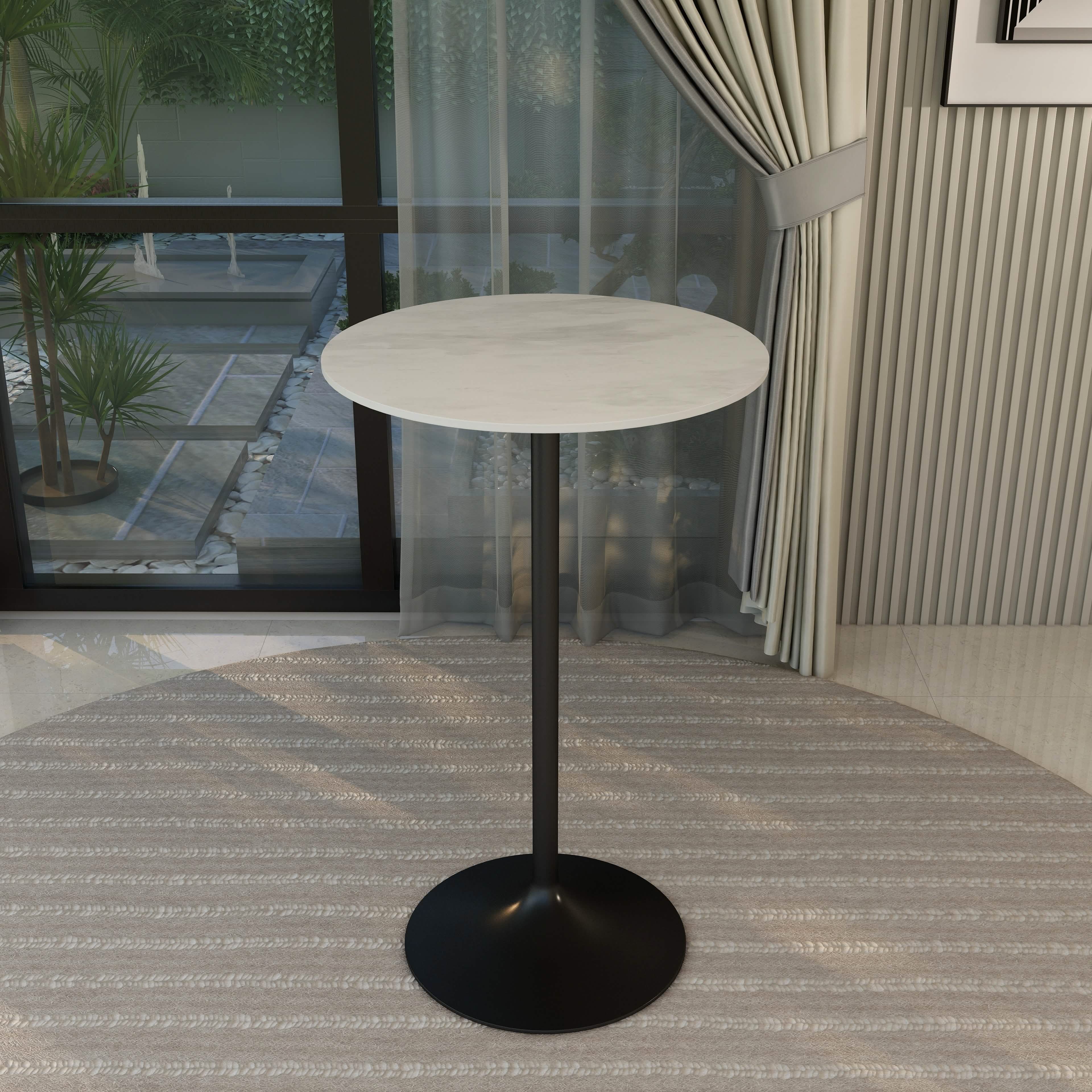 Verve Bar Height Dining Table with Round MDF/Sintered Stone/Resin Top & Black Stainless Steel Base Resin 27 Inches Wide Marble White Dining Table Leisuremod