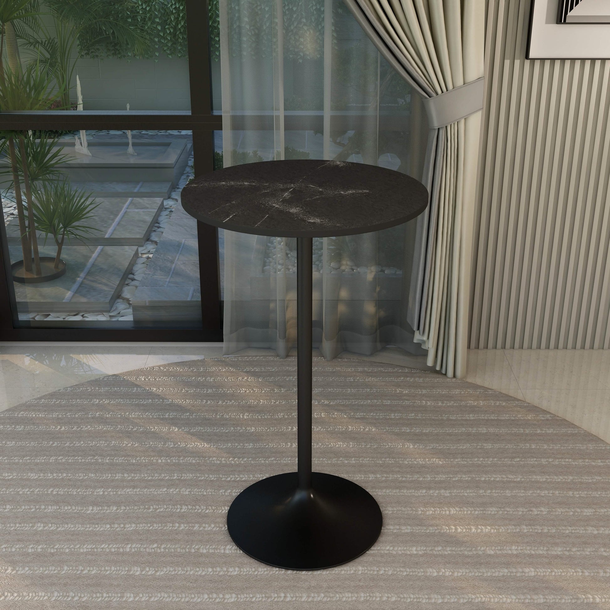 Verve Bar Height Dining Table with Round MDF/Sintered Stone/Resin Top & Black Stainless Steel Base 27 Inches Wide Black Marbleized Dining Table Leisuremod