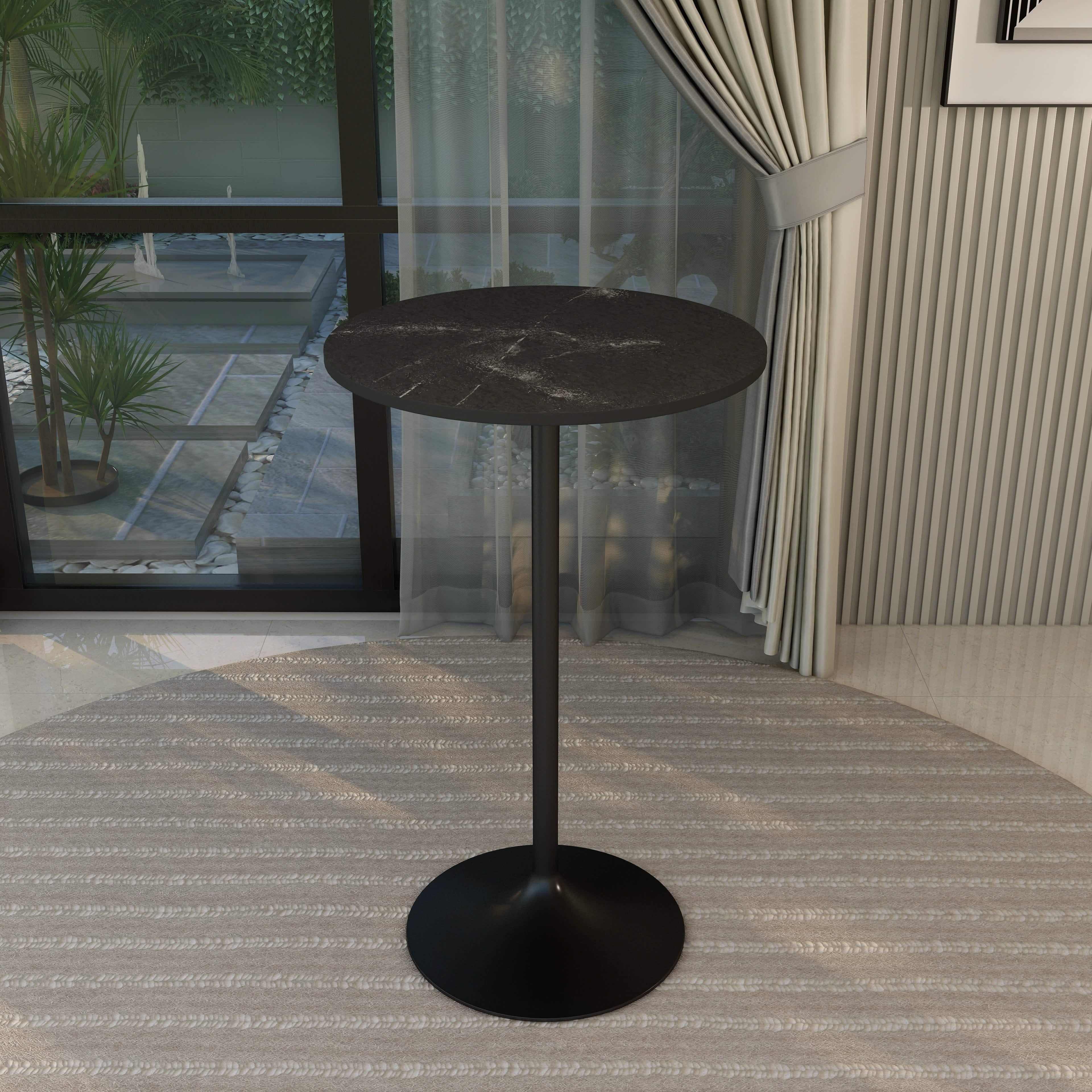 Verve Bar Height Dining Table with Round MDF/Sintered Stone/Resin Top & Black Stainless Steel Base 27 Inches Wide Black Marbleized Dining Table Leisuremod