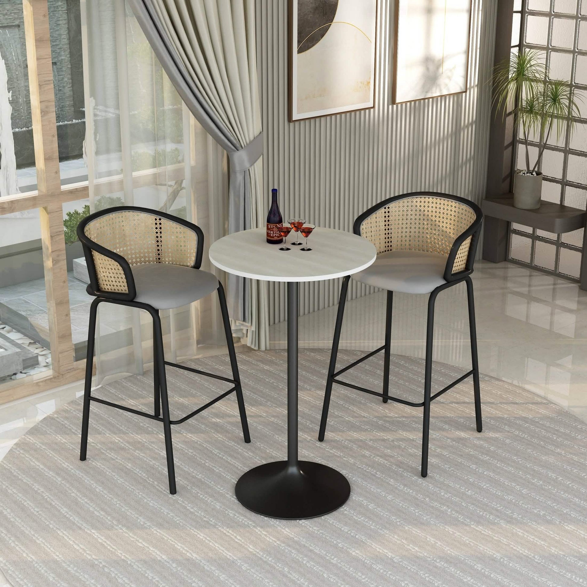 Verve Bar Height Dining Table with Round MDF/Sintered Stone/Resin Top & Black Stainless Steel Base 27 Inches Wide Black Marbleized Dining Table Leisuremod