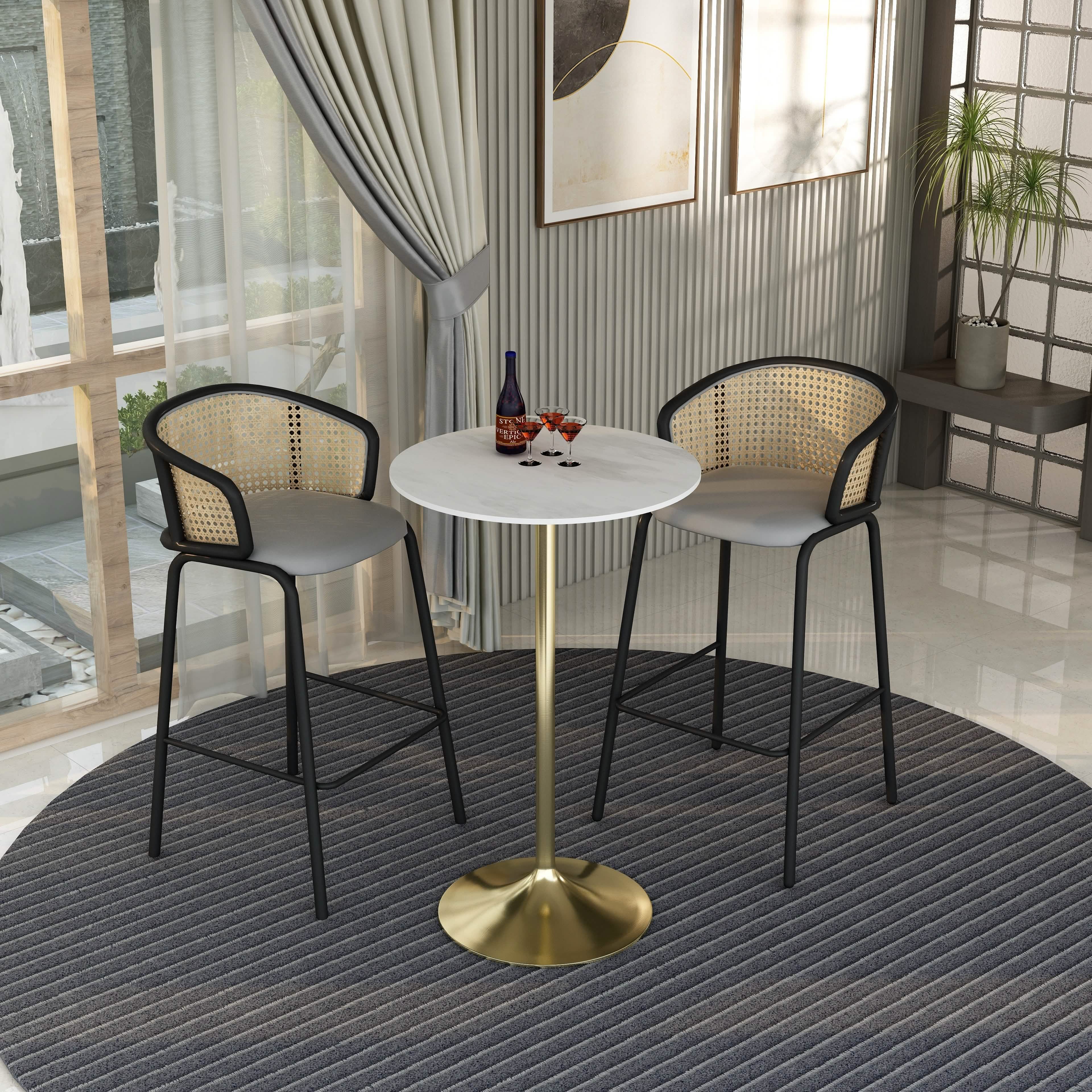 Verve Bar Height Dining Table with Round MDF/Sintered Stone/Resin Top & Gold Stainless Steel Base Sintered Stone 27 Inches Wide White Marbleized Dining Table Leisuremod