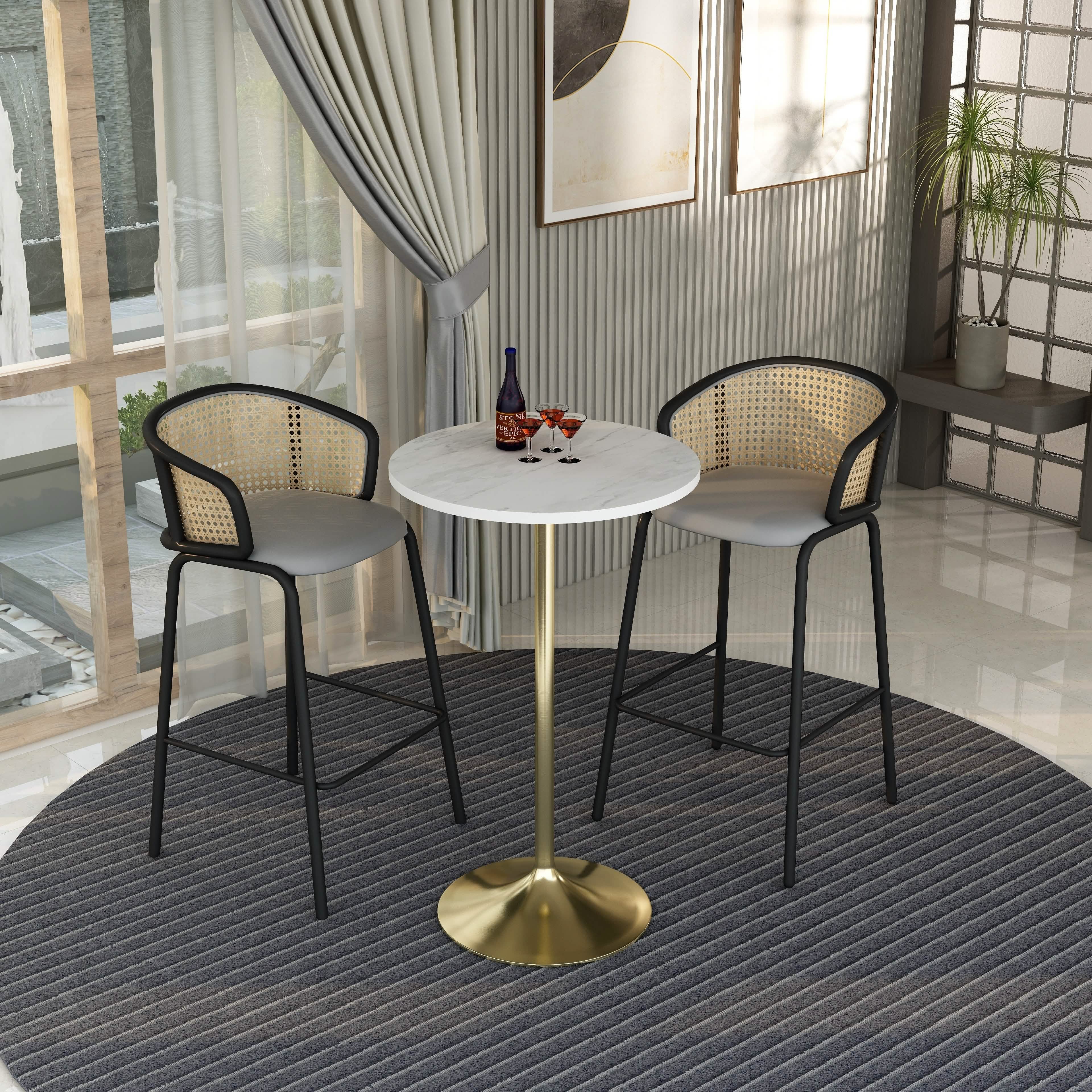 Verve Bar Height Dining Table with Round MDF/Sintered Stone/Resin Top & Gold Stainless Steel Base Resin 27 Inches Wide White Marbleized Dining Table Leisuremod