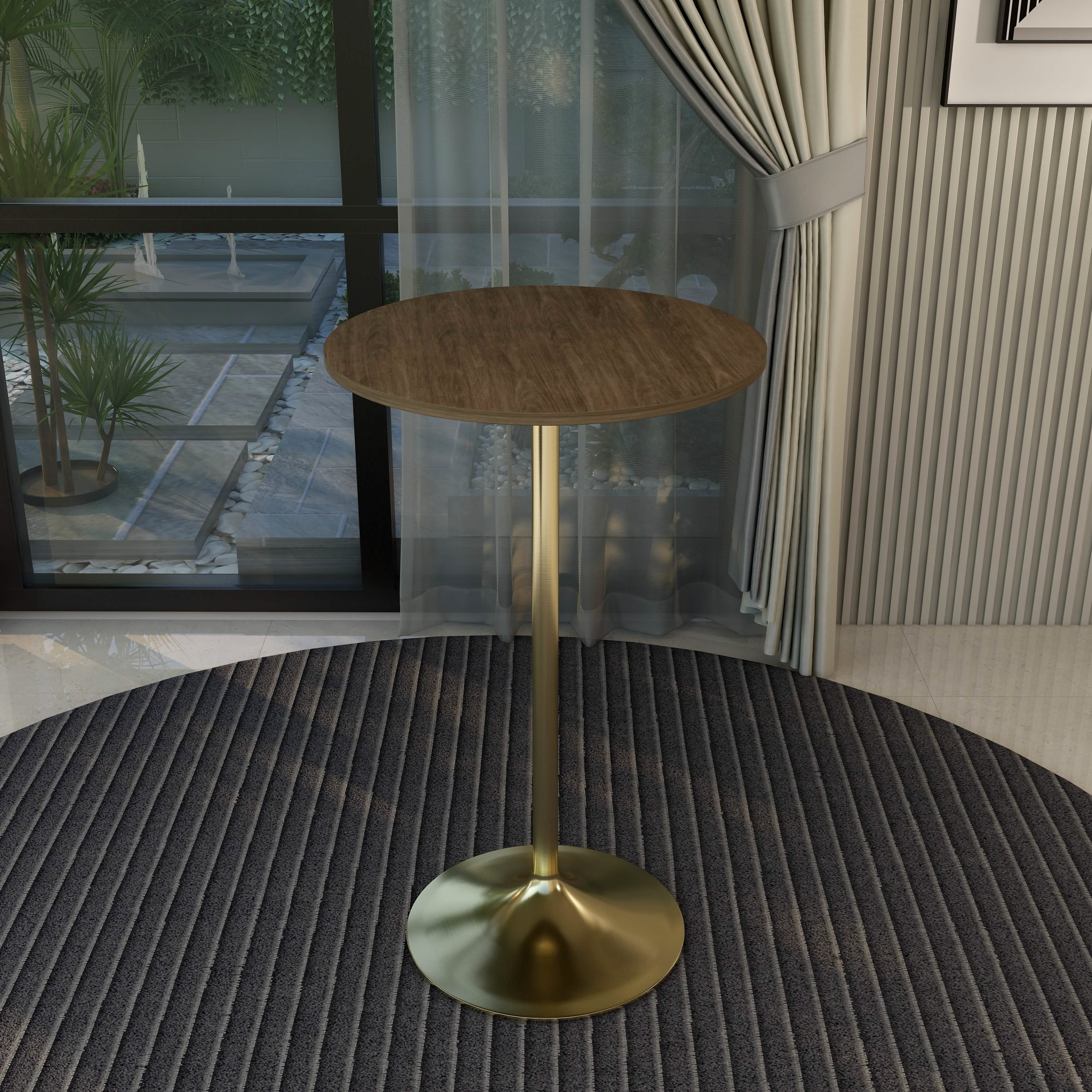 Verve Bar Height Dining Table with Round MDF/Sintered Stone/Resin Top & Gold Stainless Steel Base MDF 27 Inches Wide Dark Walnut Dining Table Leisuremod